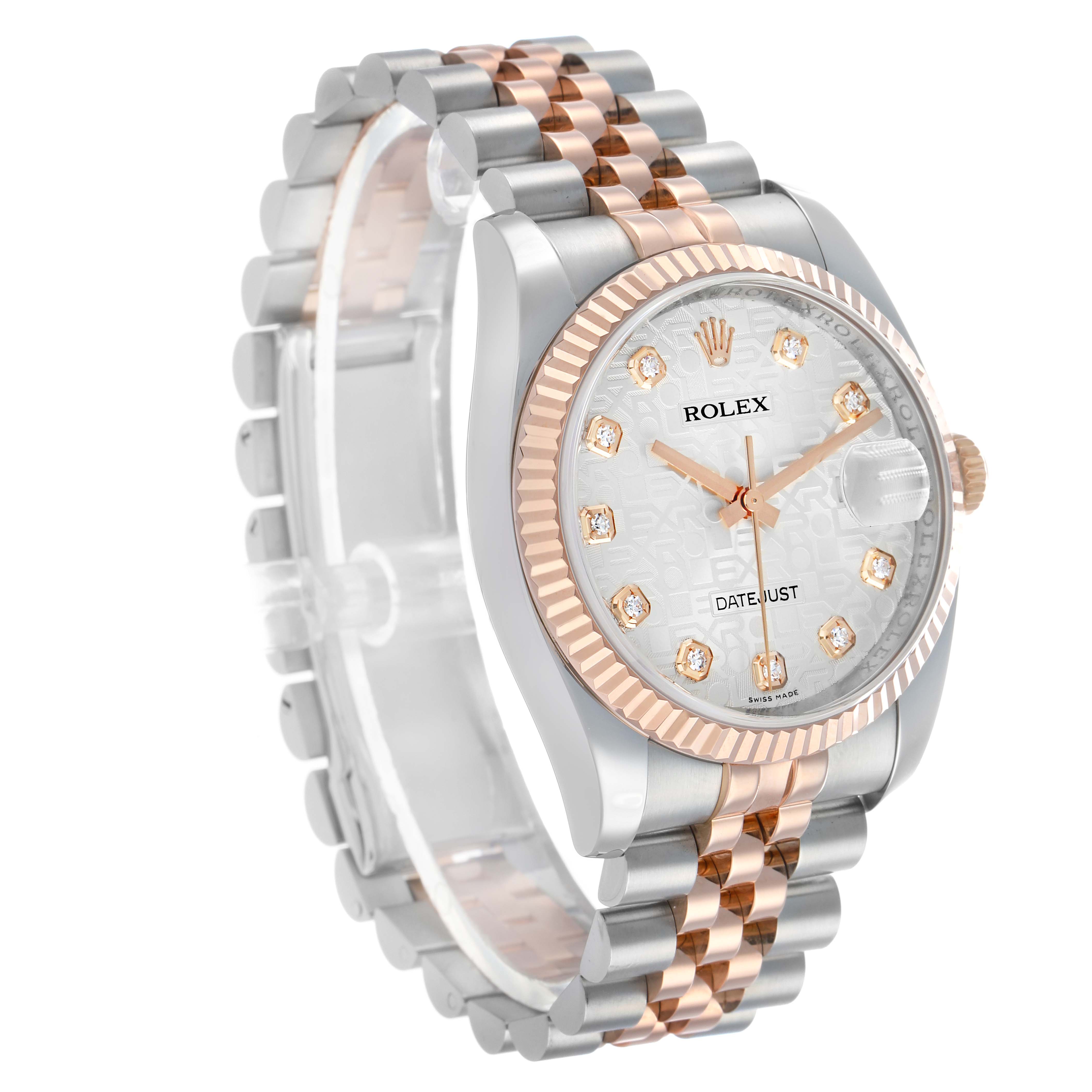 The Rolex Datejust 116231 Men's Steel and Gold (two tone) Silver Dial is shown at a three-quarter angle, displaying the dial, bezel, and part of the bracelet.