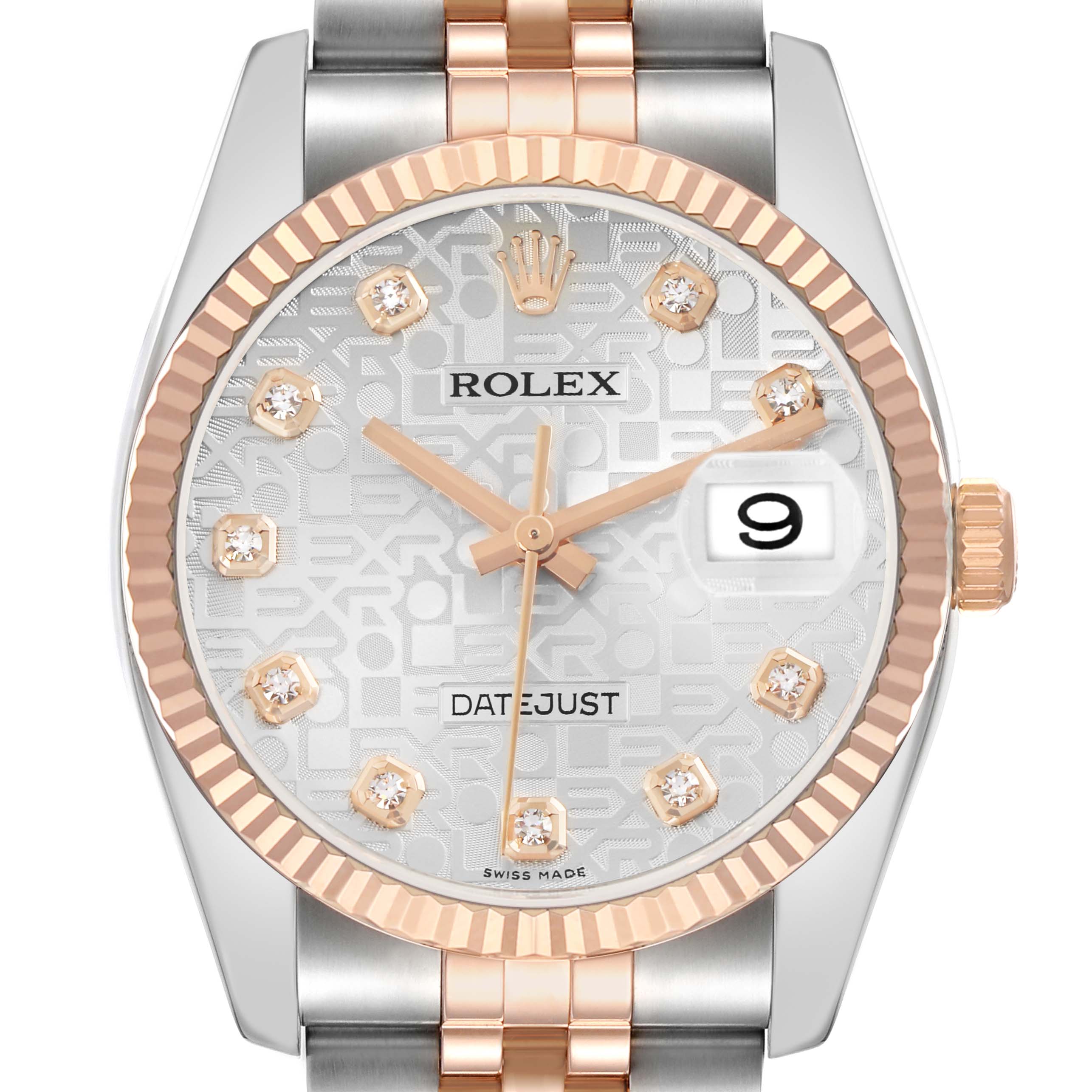 The Rolex Datejust 116231 Men's Steel and Gold (two tone) Silver Dial watch is shown from the front, highlighting the dial, bezel, crown, and part of the bracelet.