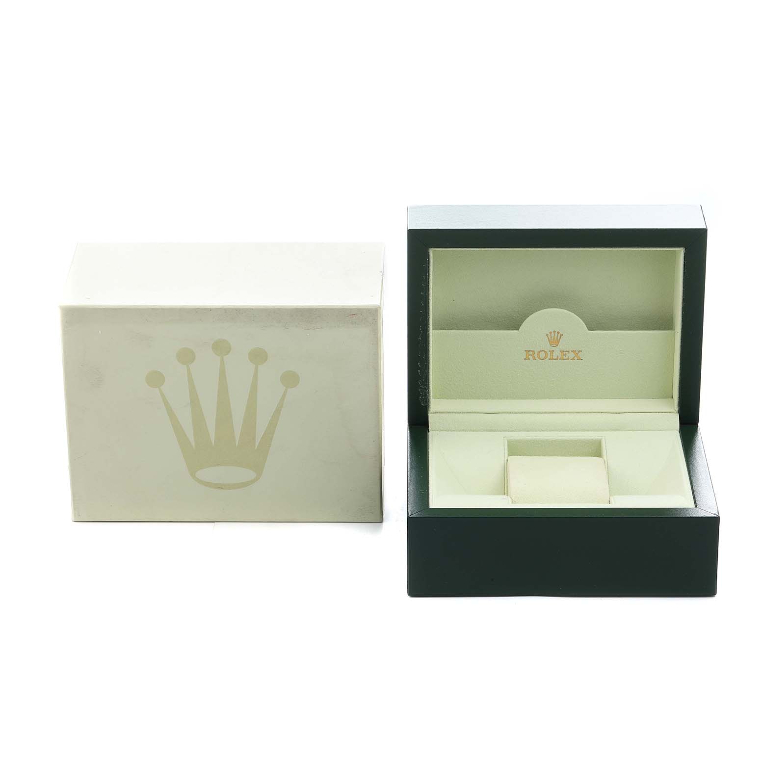 The image shows a Rolex Datejust 116231 Men's Steel and Gold (two tone) Silver Dial watch box set, including an outer box and an open inner display case.