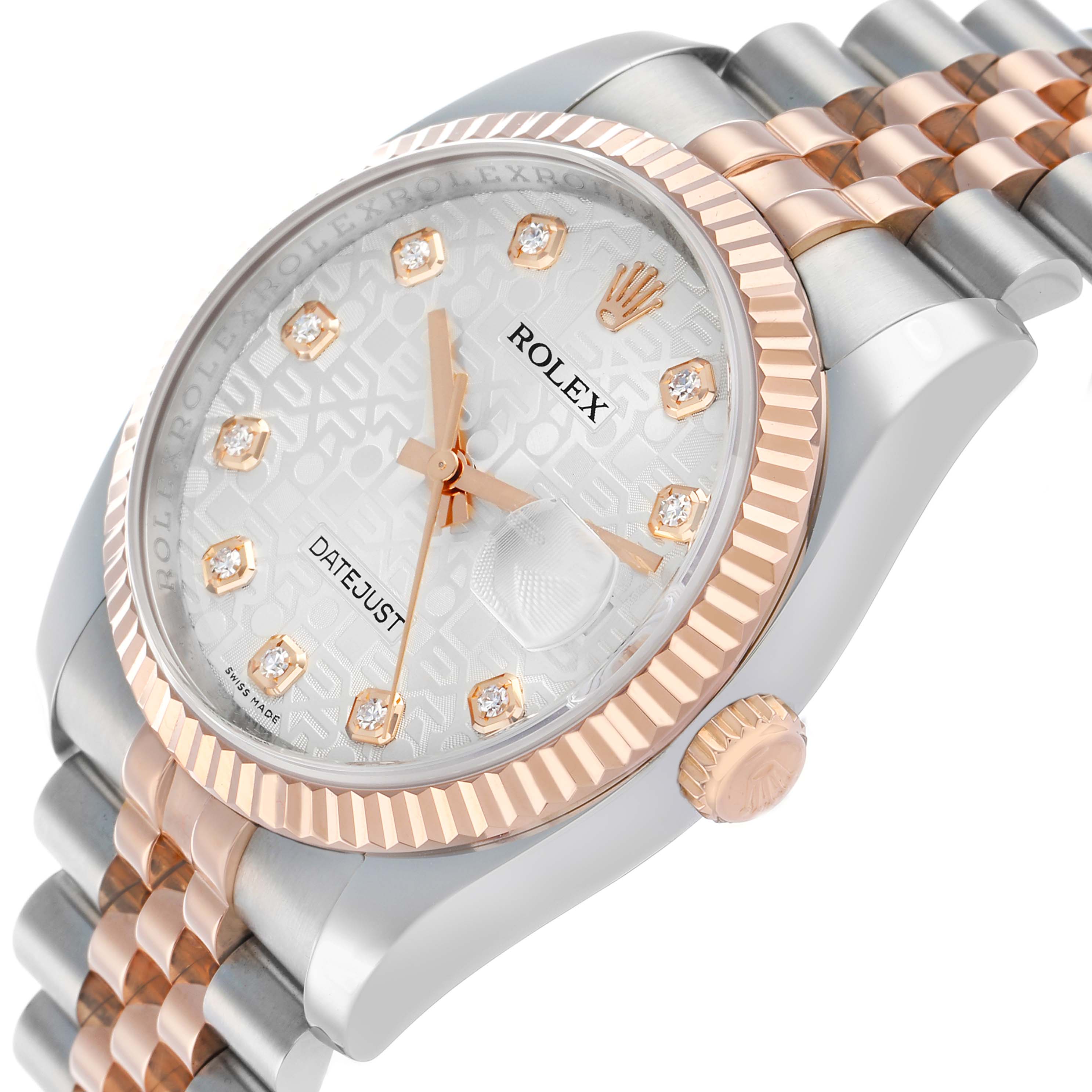 The Rolex Datejust 116231 Men's Steel and Gold (two tone) Silver Dial watch is shown at a tilted angle, highlighting the dial, fluted bezel, and part of the two-tone bracelet.