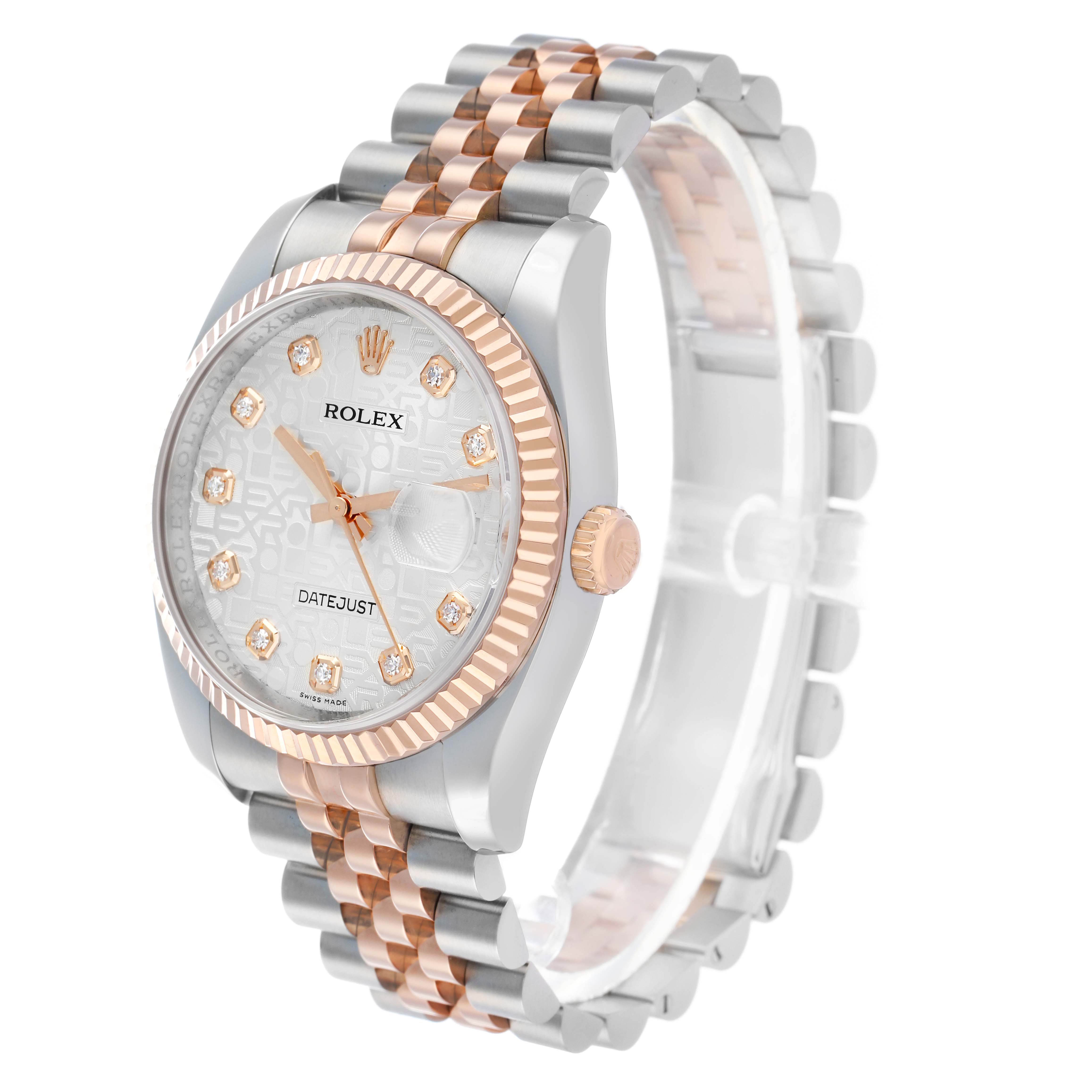 The Rolex Datejust 116231 Men's Steel and Gold (two tone) Silver Dial watch is shown at a front-side angle, highlighting the dial, fluted bezel, and Jubilee bracelet.
