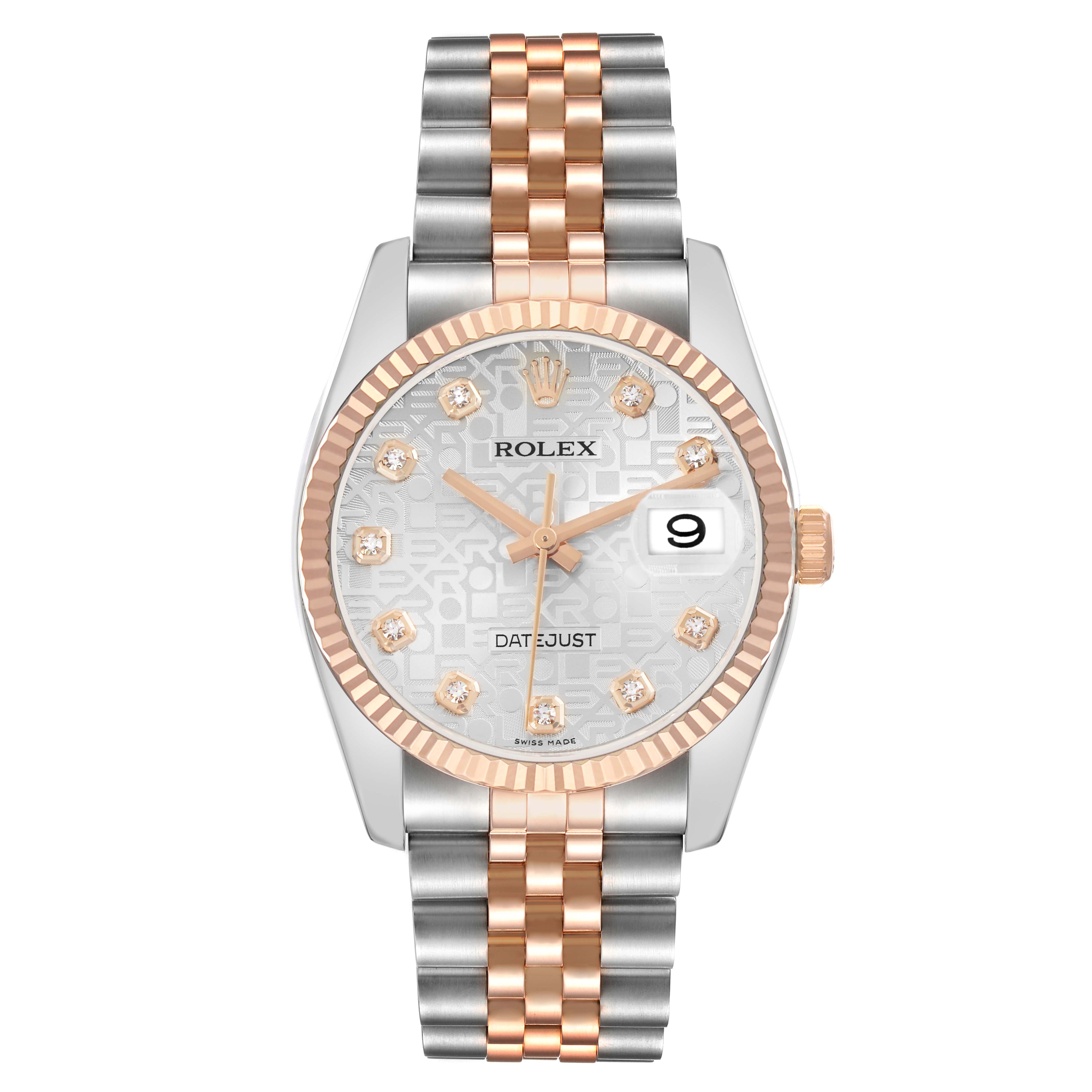 The Rolex Datejust 116231 Men's Steel and Gold (two tone) Silver Dial watch is shown from the front, displaying its dial, bezel, and two-tone bracelet.