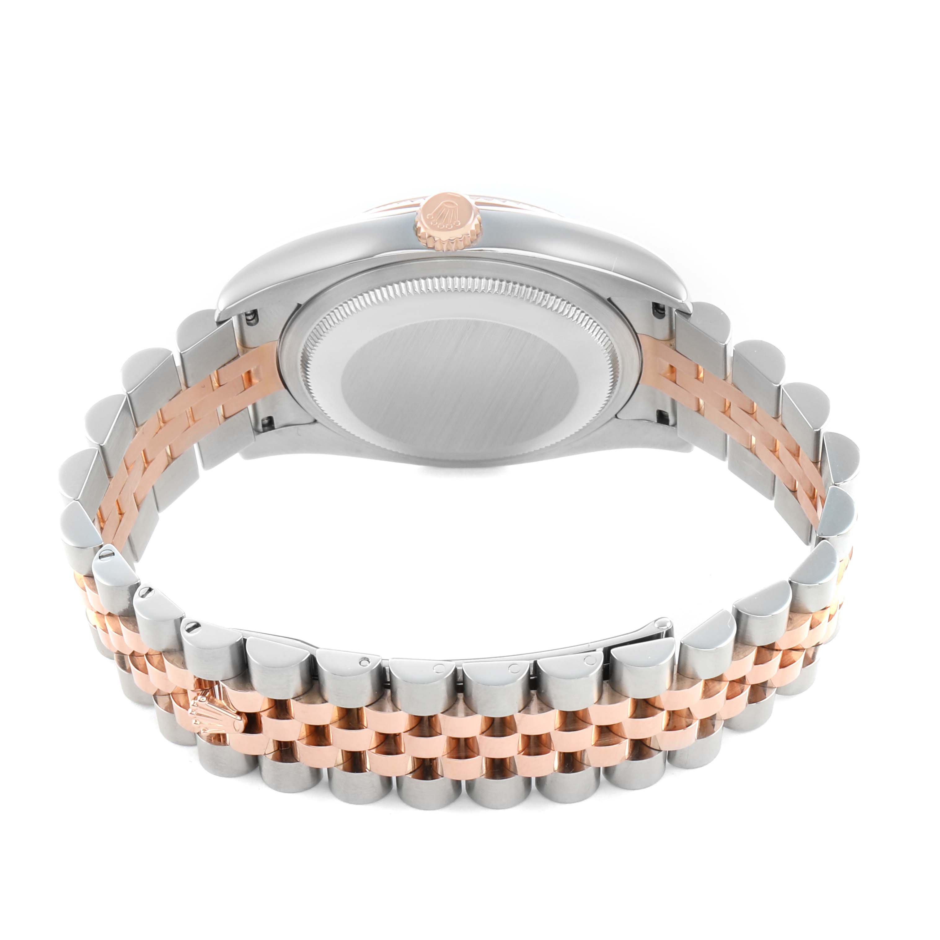 The Rolex Datejust 116231 Men's Steel and Gold (two tone) Silver Dial is shown from the back, highlighting the case back, crown, and two-tone bracelet.