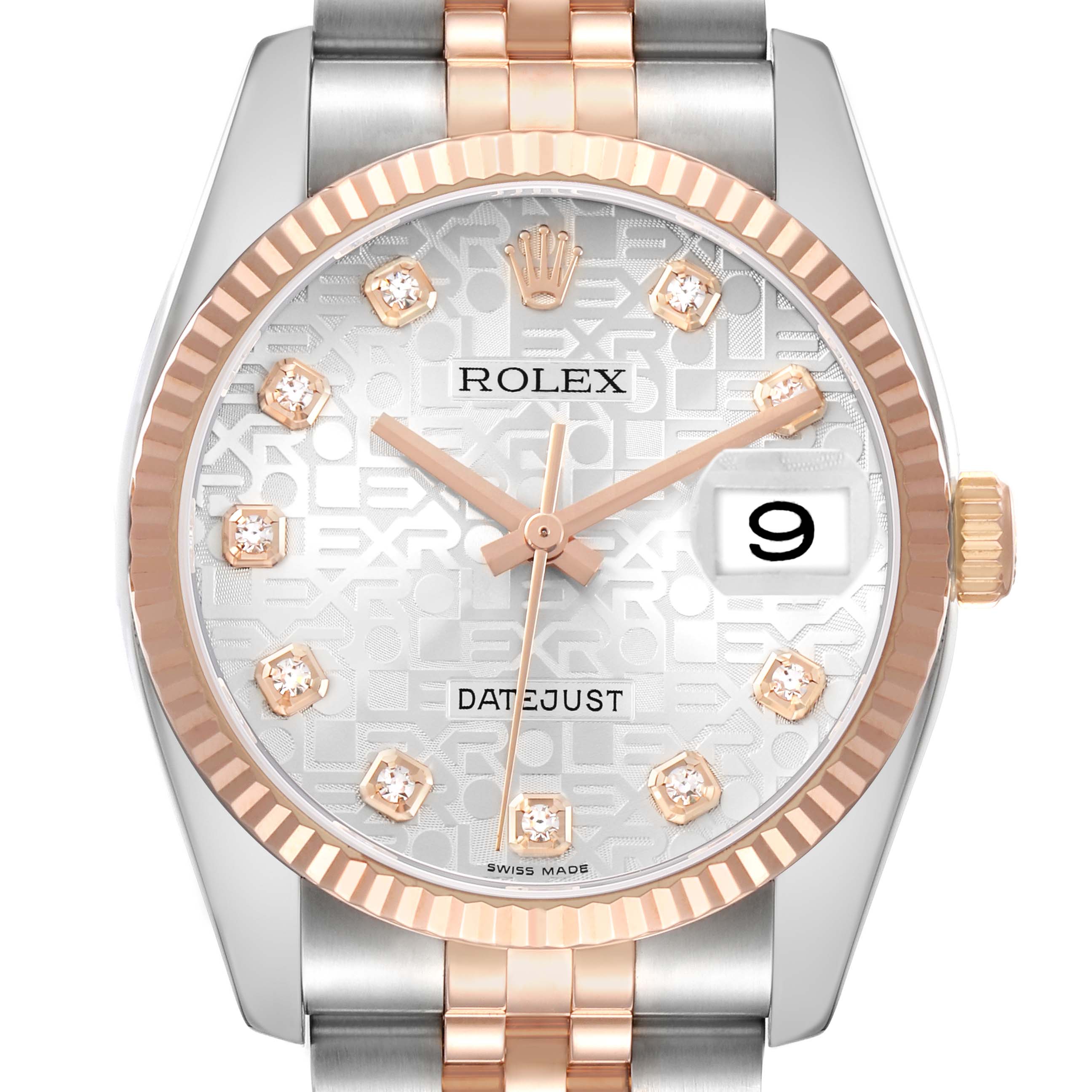 The Rolex Datejust 116231 Men's Steel and Gold (two tone) Silver Dial watch is shown from a front angle, displaying its face, bezel, and part of the bracelet.