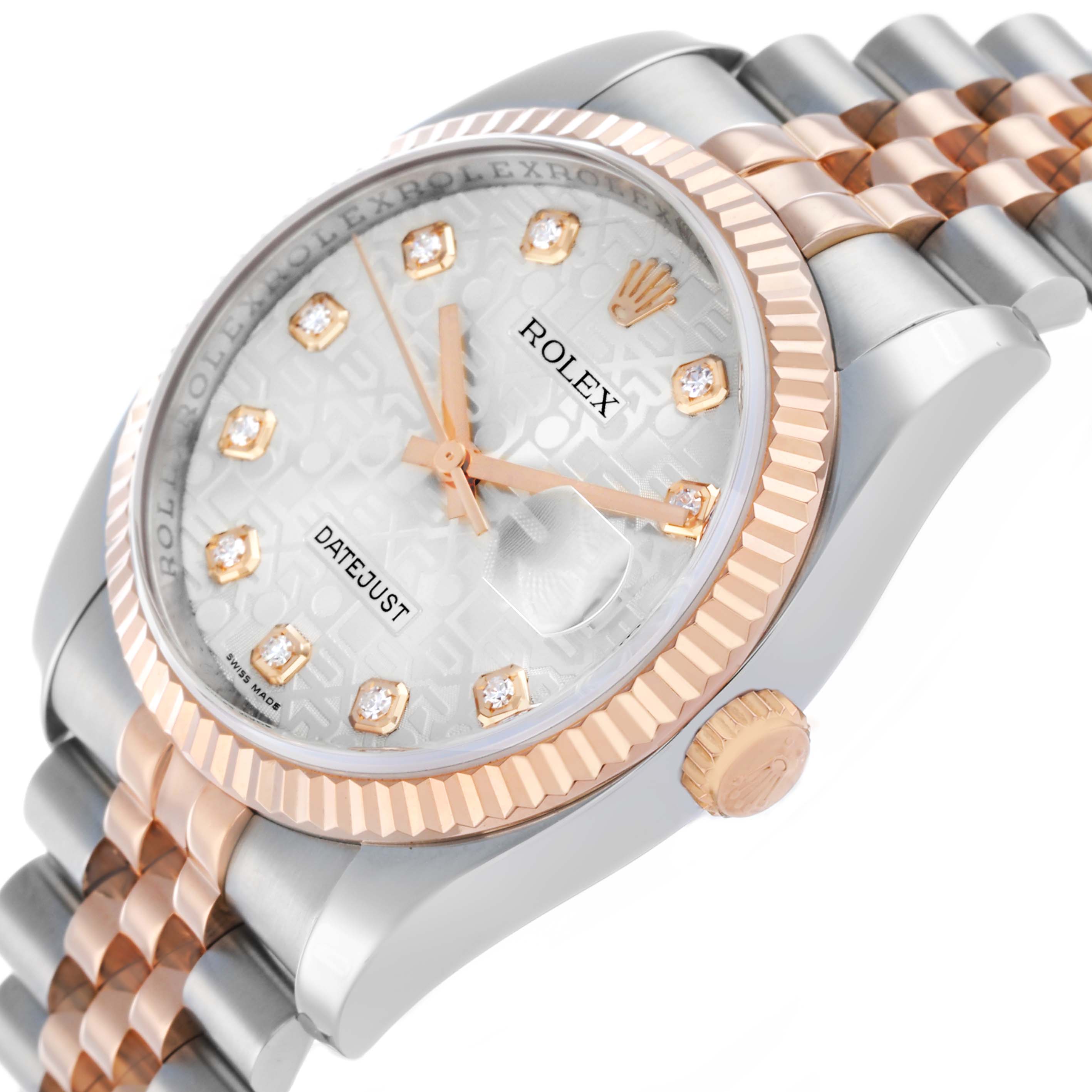 The Rolex Datejust 116231 Men's Steel and Gold (two tone) Silver Dial watch is shown at an angled view highlighting the dial, fluted bezel, crown, and part of the bracelet.