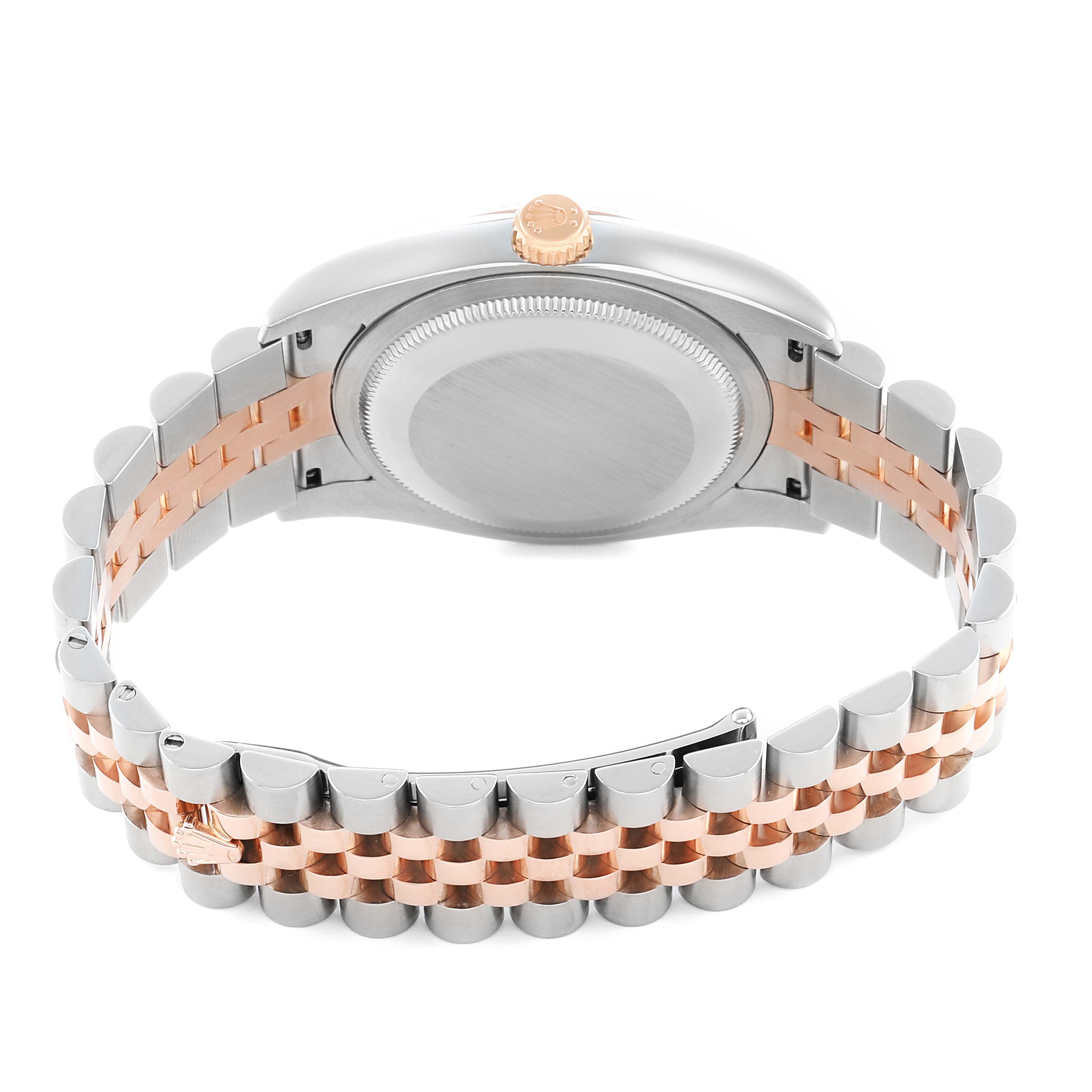 The image shows the back view of a Rolex Datejust 116231 Men's Steel and Gold (two tone) Silver Dial, highlighting the case back, crown, and Jubilee bracelet.