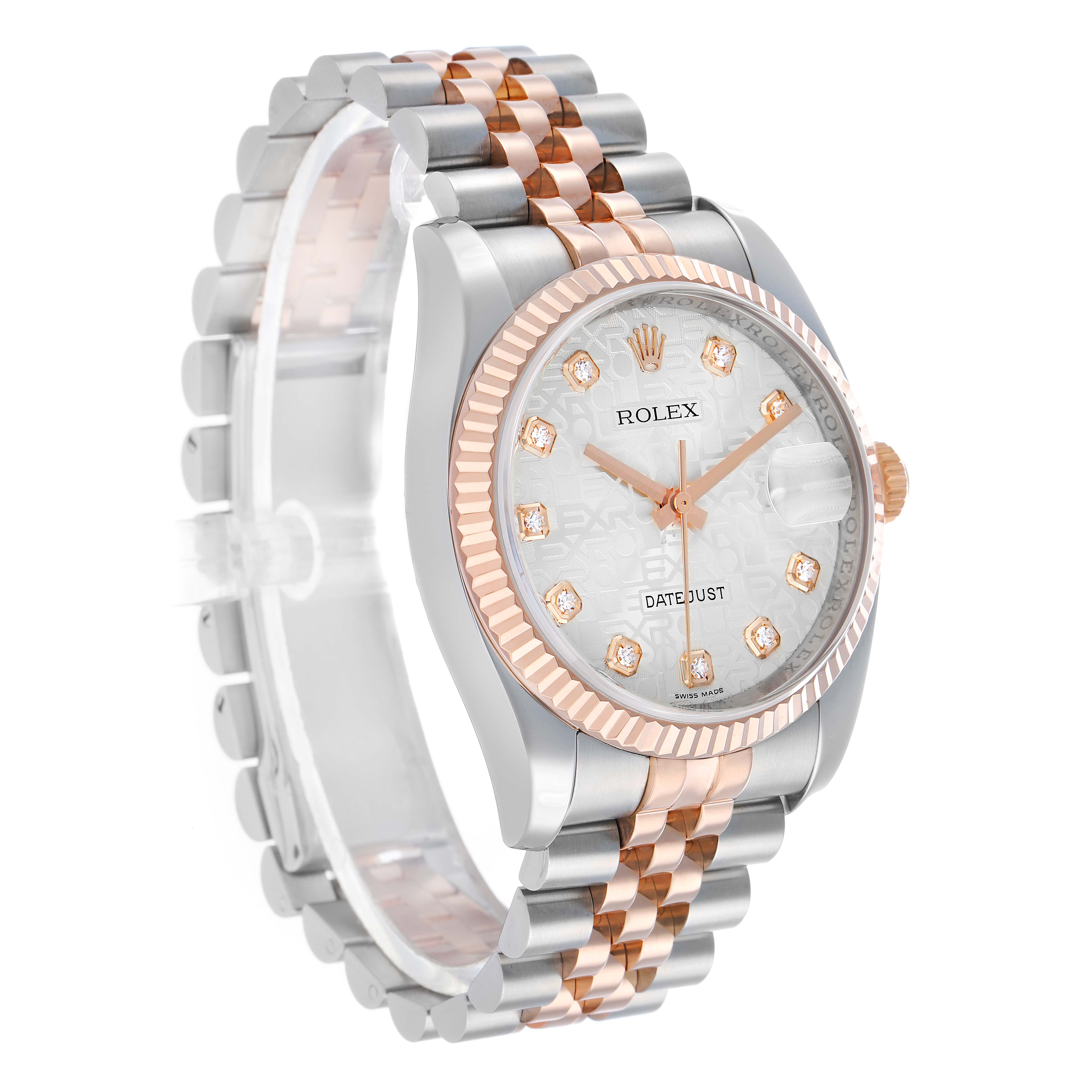 The Rolex Datejust 116231 Men's Steel and Gold (two tone) Silver Dial watch is shown at an angled side view, displaying the dial, two-tone bracelet, and fluted bezel.