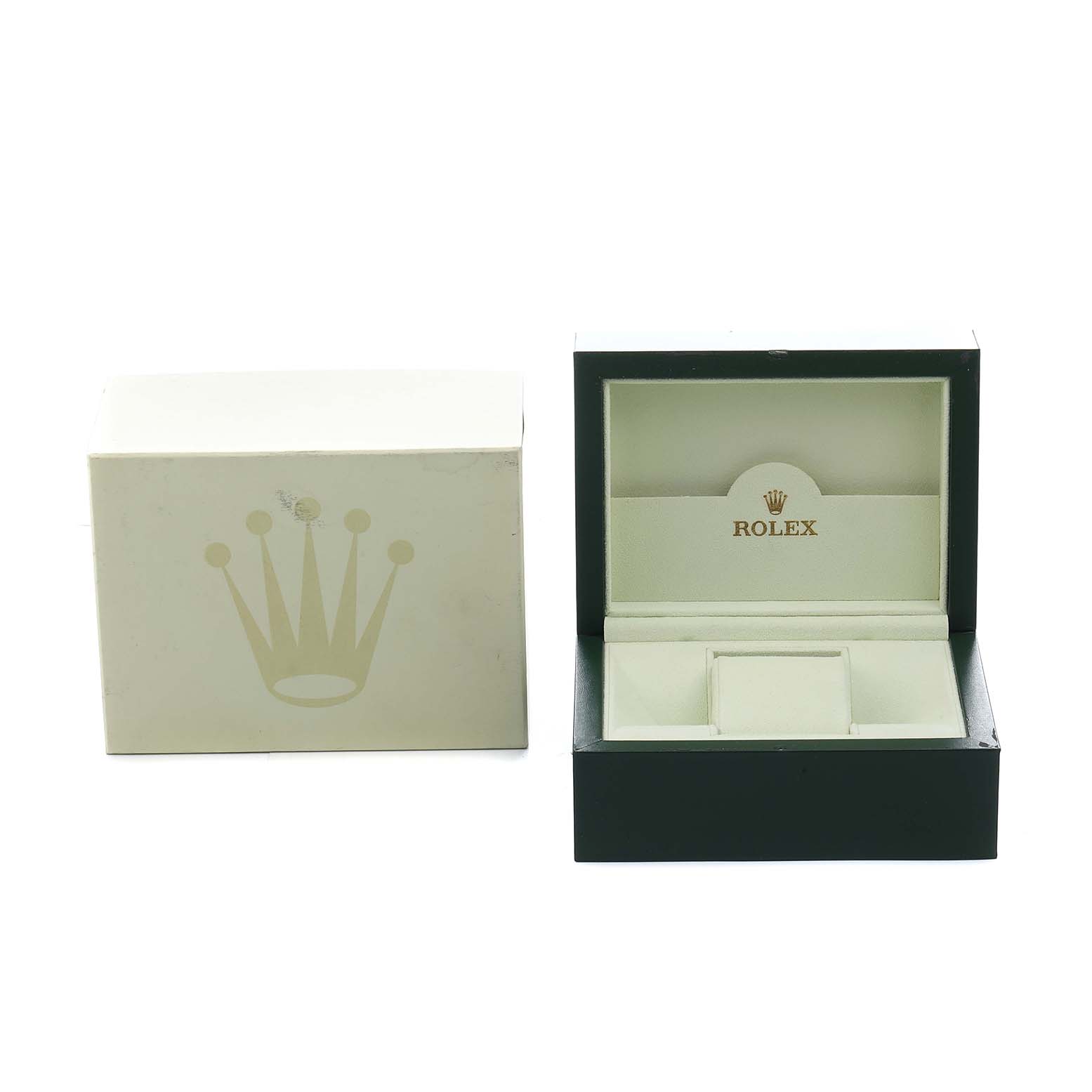 The image shows a Rolex Datejust 116231 Men's Steel and Gold (two tone) Silver Dial watch box open, alongside its outer packaging with the Rolex logo.