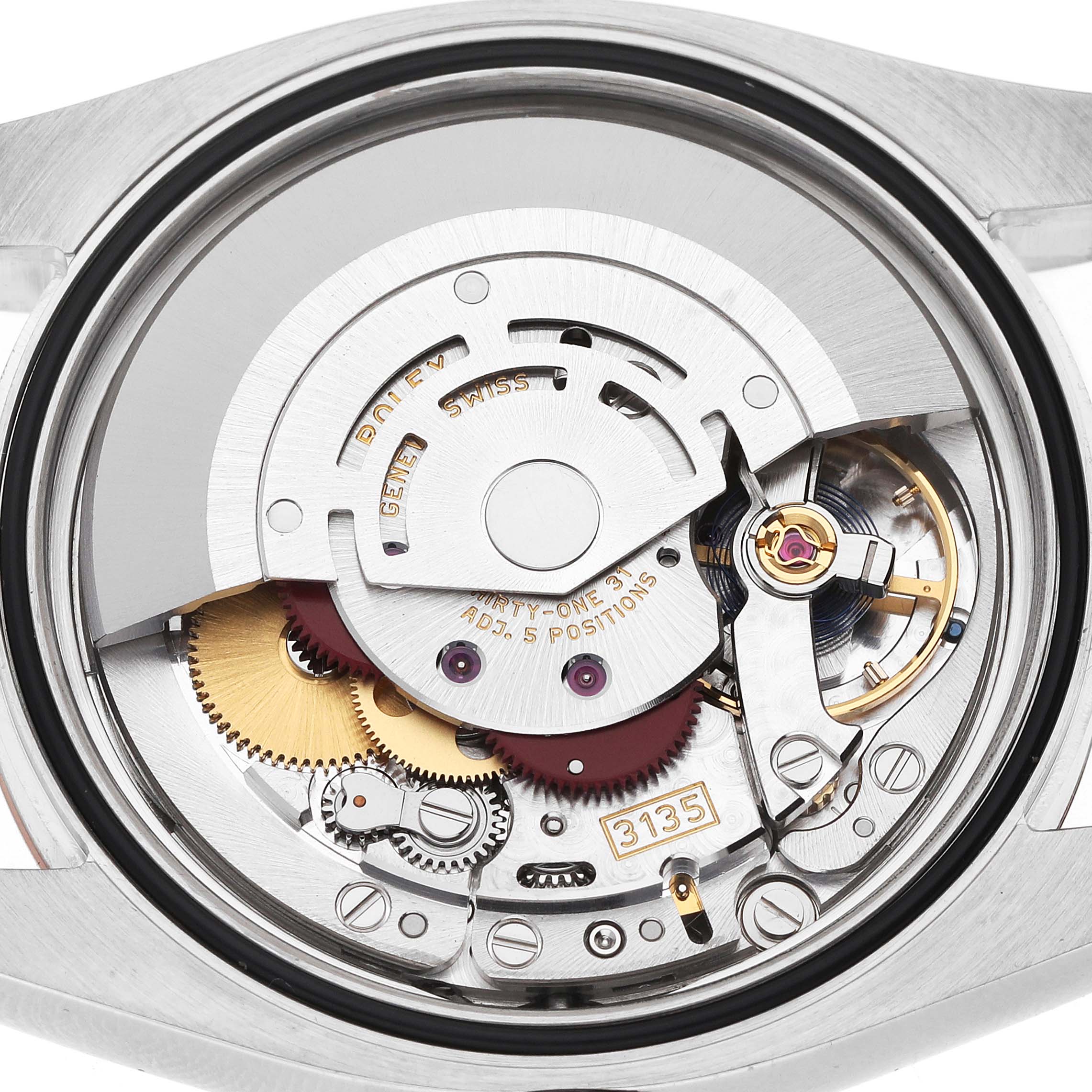 The image shows the movement of a Rolex Datejust 116231 Men's Steel and Gold (two tone) Silver Dial watch from a top-down angle, highlighting the intricate gears and components.