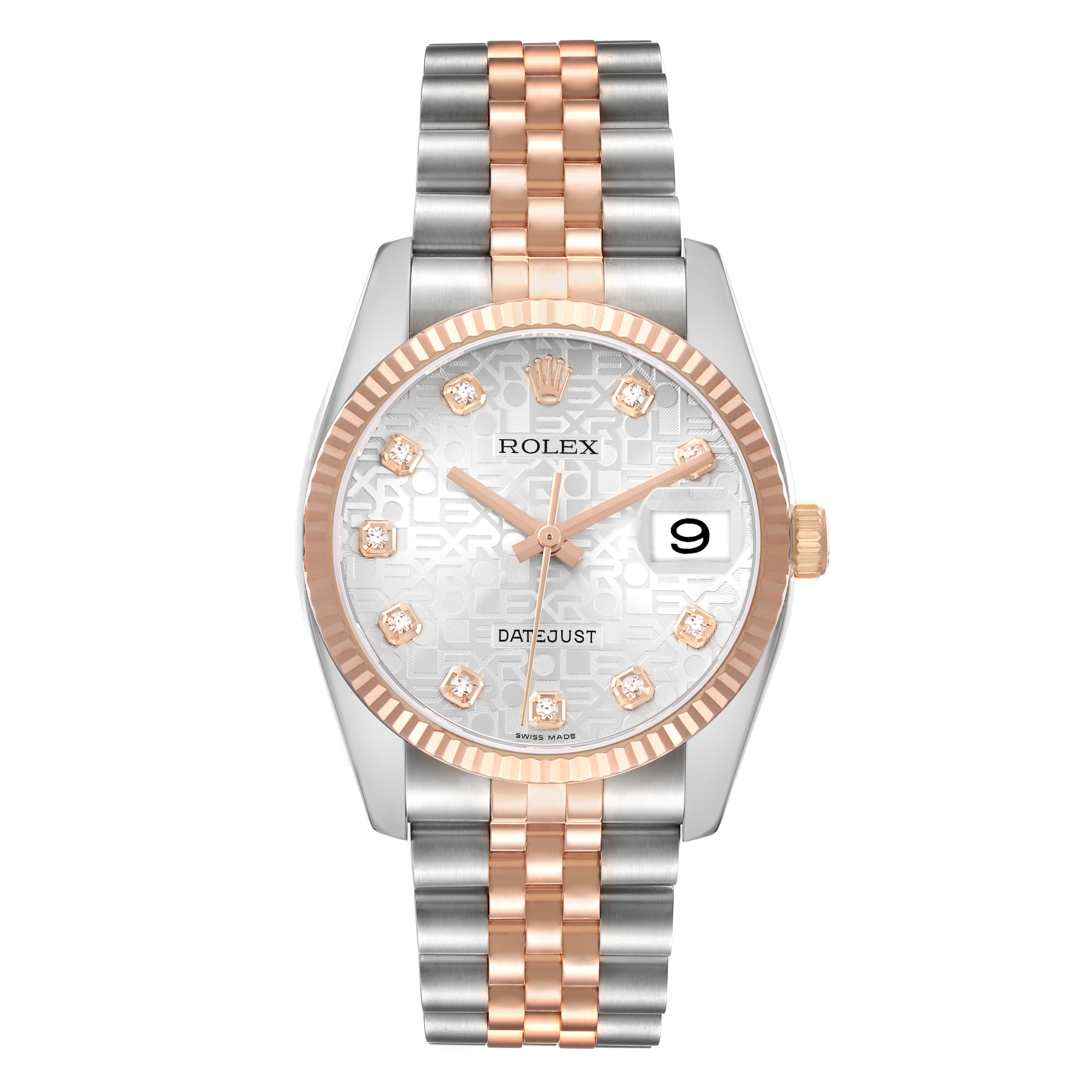 The Rolex Datejust 116231 Men's Steel and Gold (two tone) Silver Dial is shown from the front, highlighting the dial, bezel, crown, and two-tone bracelet.