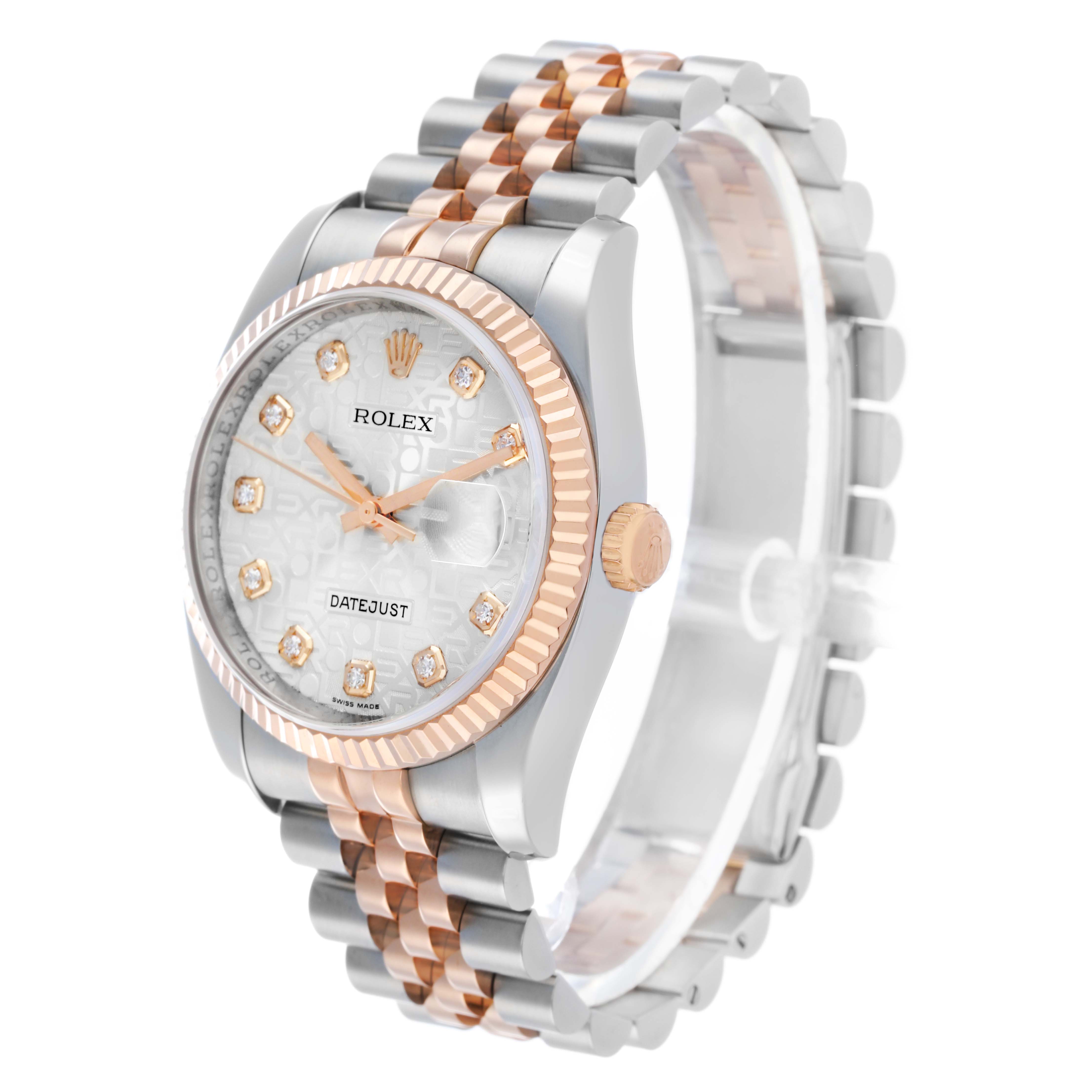 The Rolex Datejust 116231 Men's Steel and Gold (two tone) Silver Dial watch is shown at a three-quarter angle, highlighting the face, bezel, crown, and Jubilee bracelet.