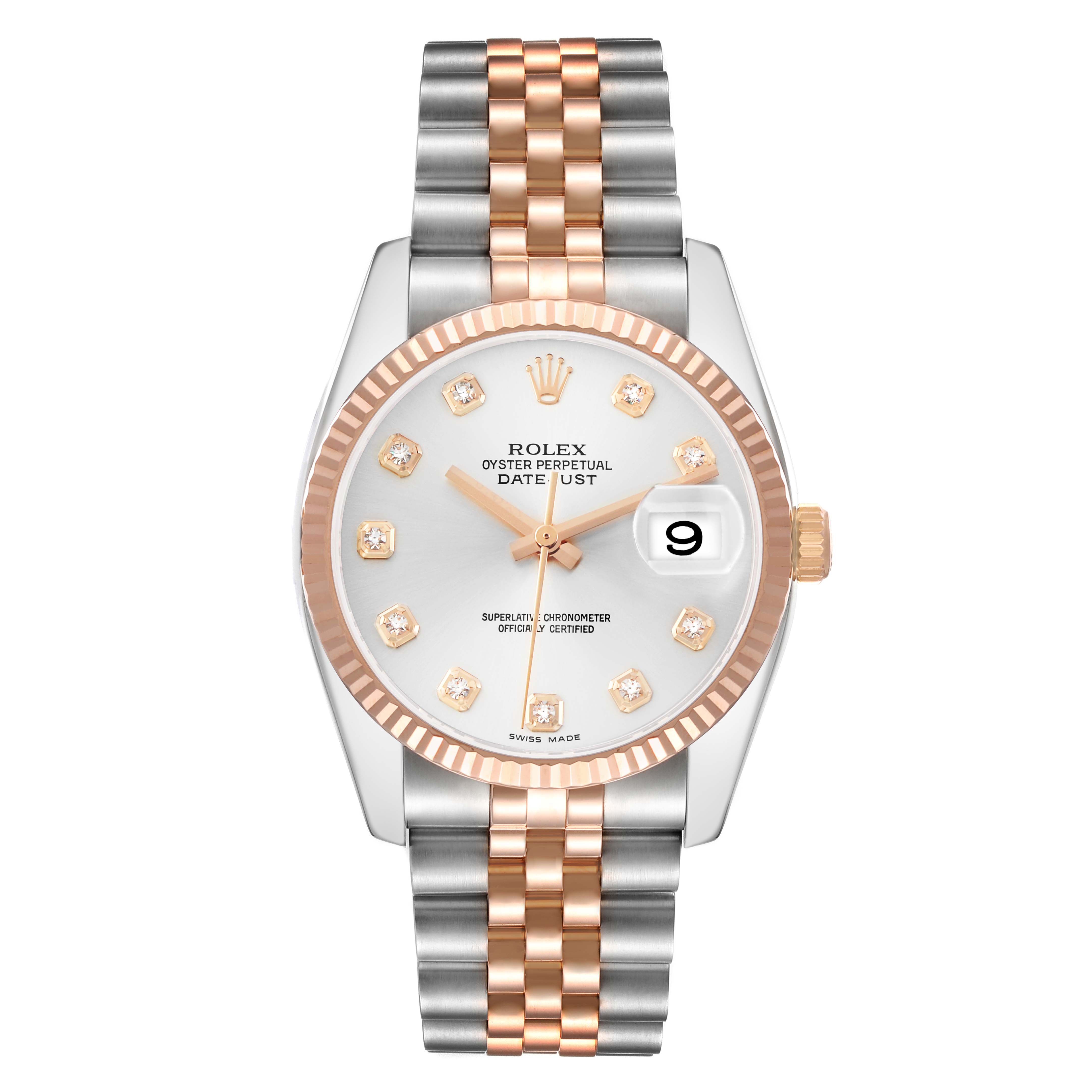 The Rolex Datejust 116231 Men's Steel and Gold (two tone) Silver Dial watch is shown from the front, displaying the dial, bezel, and bracelet.