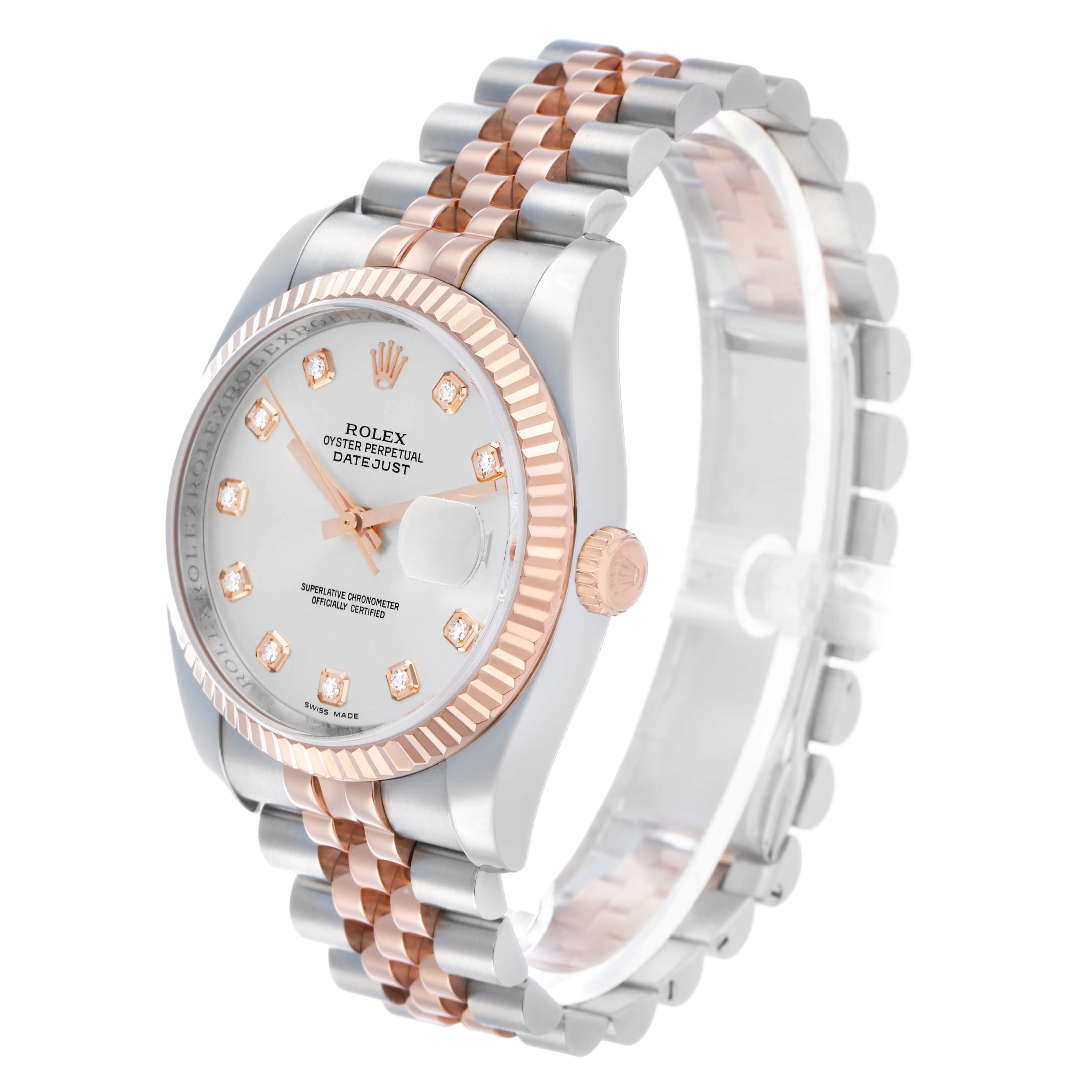 The Rolex Datejust 116231 Men's Steel and Gold (two tone) Silver Dial watch is shown at a three-quarter angle, highlighting the face, crown, and two-tone bracelet.