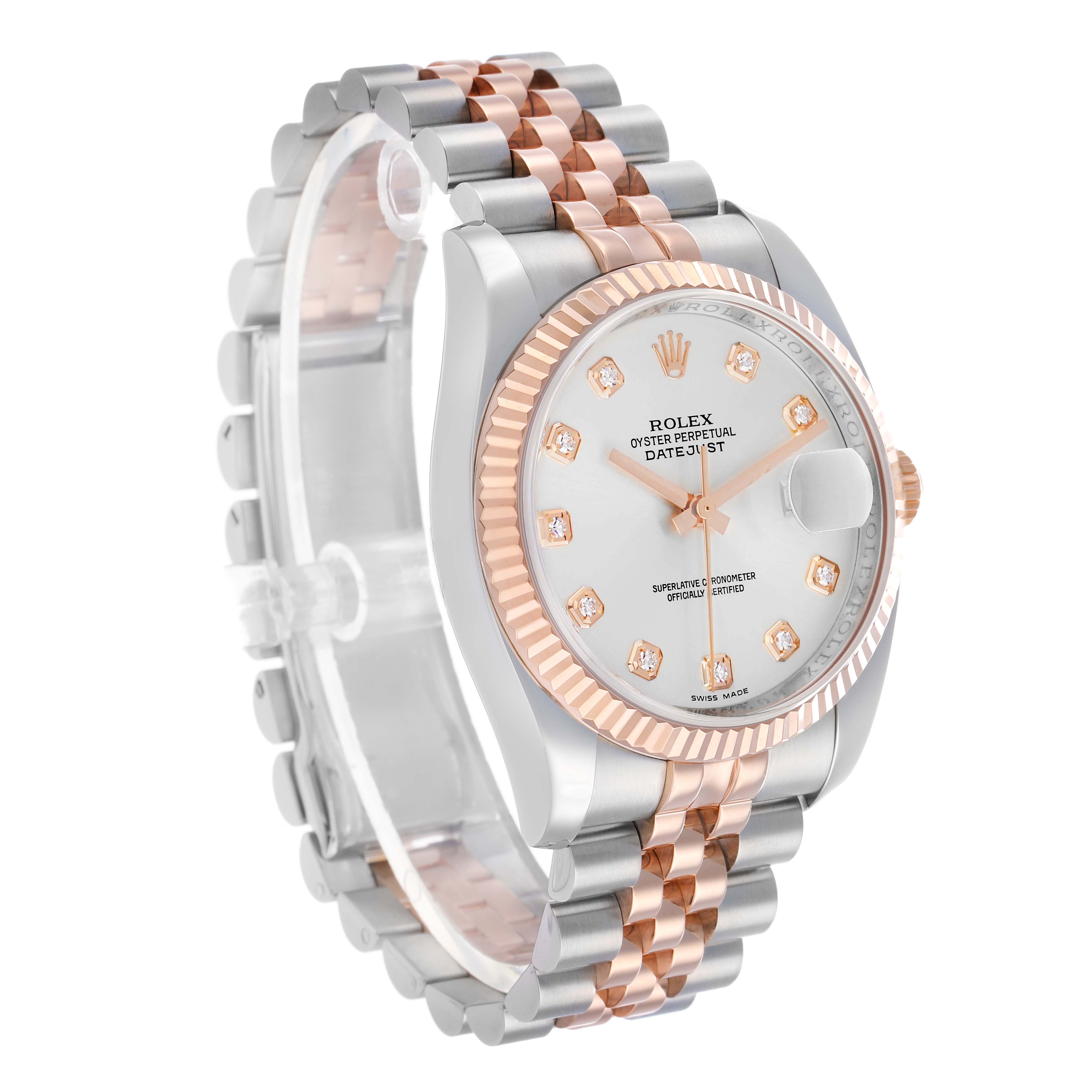 The Rolex Datejust 116231 Men's Steel and Gold (two tone) Silver Dial watch is shown at a three-quarter angle, highlighting its two-tone bracelet, fluted bezel, and diamond markers.