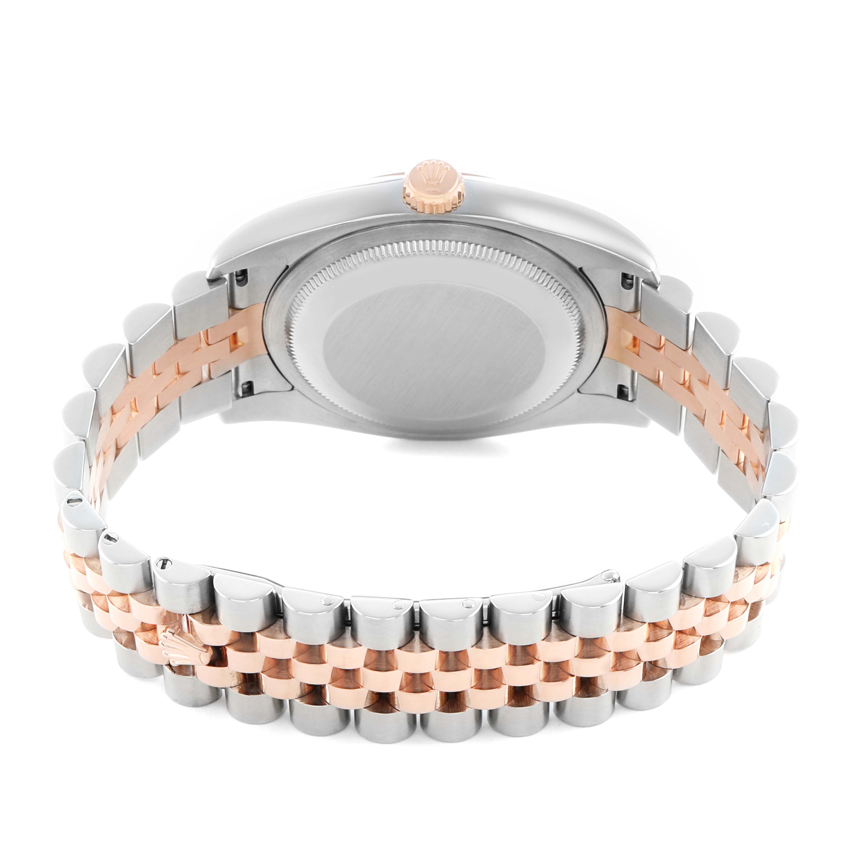 The Rolex Datejust 116231 Men's Steel and Gold (two tone) Silver Dial watch is shown from the back, displaying the bracelet and case back, along with the crown from a side angle.
