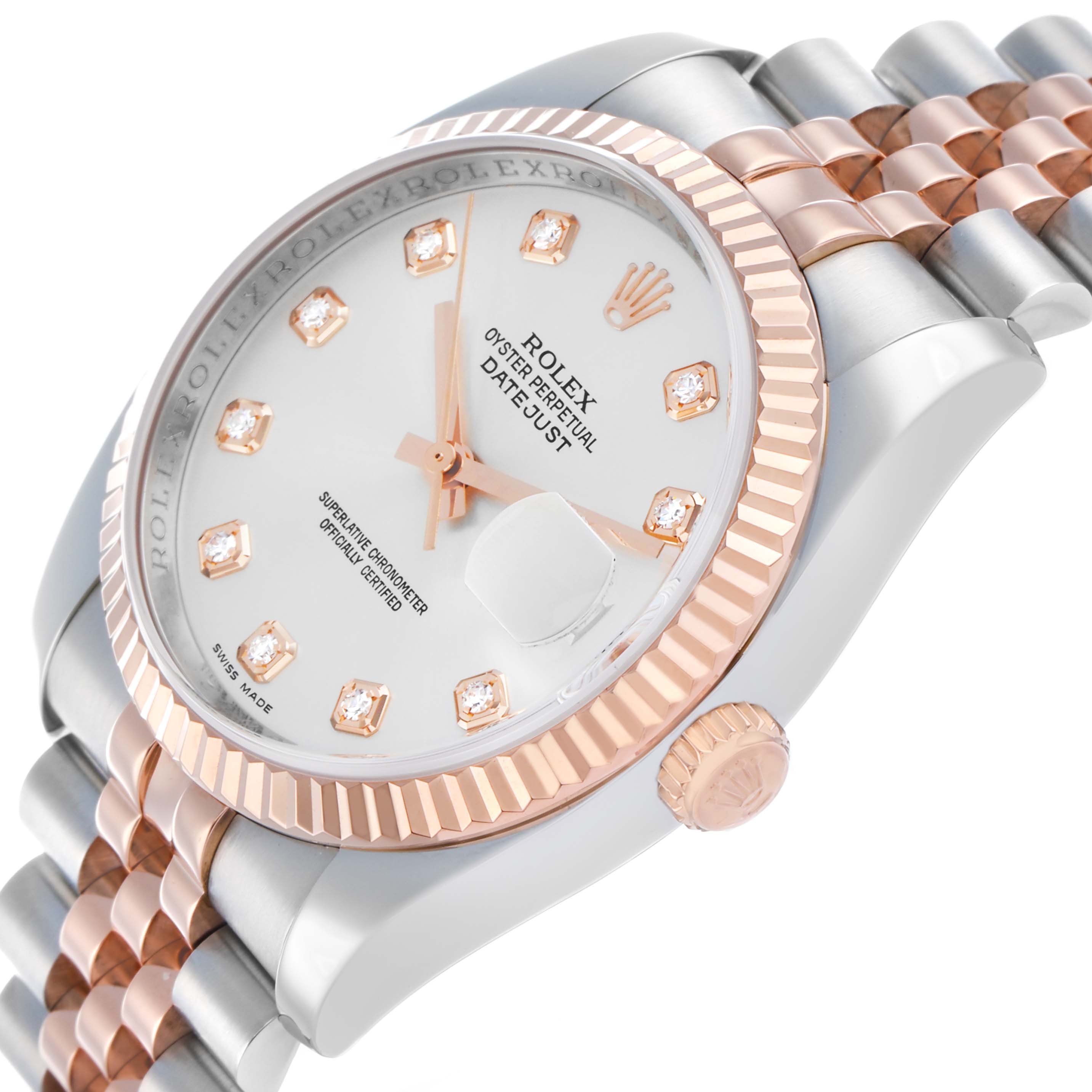 The Rolex Datejust 116231 Men's Steel and Gold (two tone) Silver Dial watch is shown at an oblique angle displaying the dial, case, crown, and part of the jubilee bracelet.