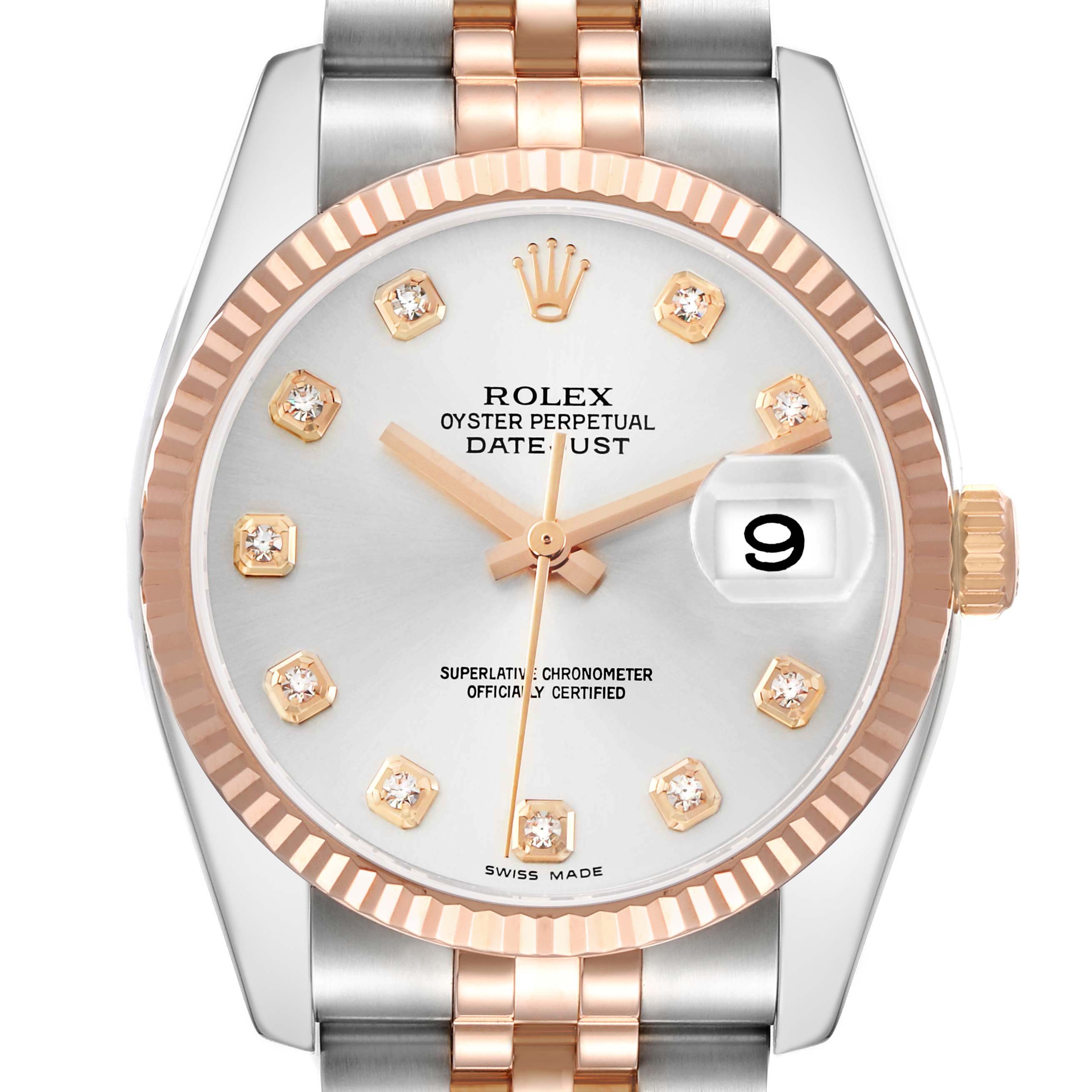 The Rolex Datejust 116231 Men's Steel and Gold (two tone) Silver Dial watch is shown from the front, highlighting the dial, bezel, and part of the bracelet.