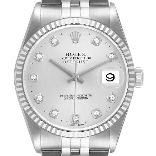 The Rolex Datejust 16234 Men's Stainless Steel Silver Dial watch is shown from a front angle, highlighting the dial, bezel, crown, and bracelet.