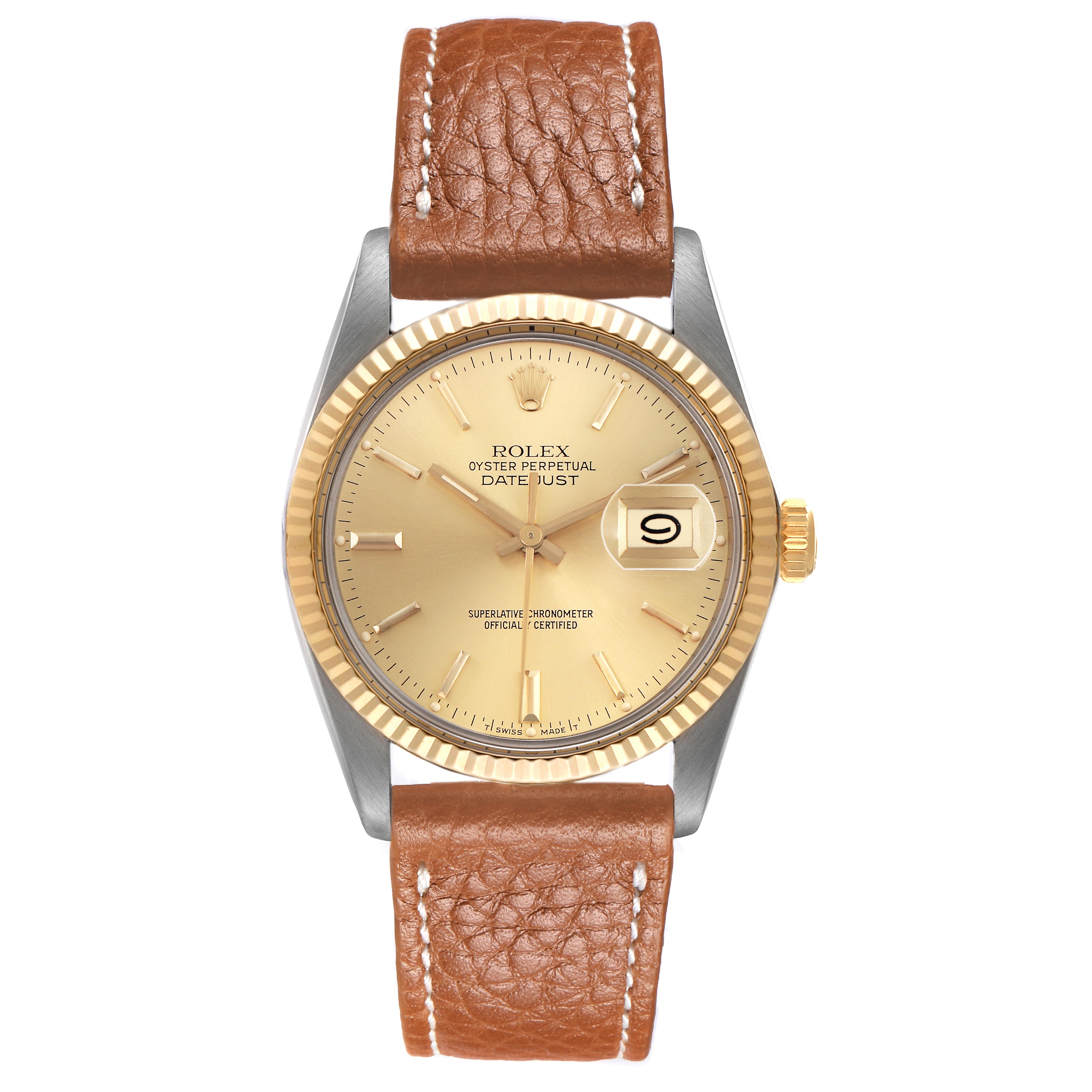 The Rolex Datejust 16013 Men's Steel and Gold (two tone) Champagne Dial watch is shown from a front angle, displaying the face, bezel, and brown leather strap.