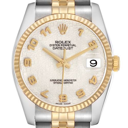 The Rolex Datejust 116233 Men's Steel and Gold (two tone) Beige Dial watch is shown from the front, highlighting the dial, bezel, and part of the bracelet.