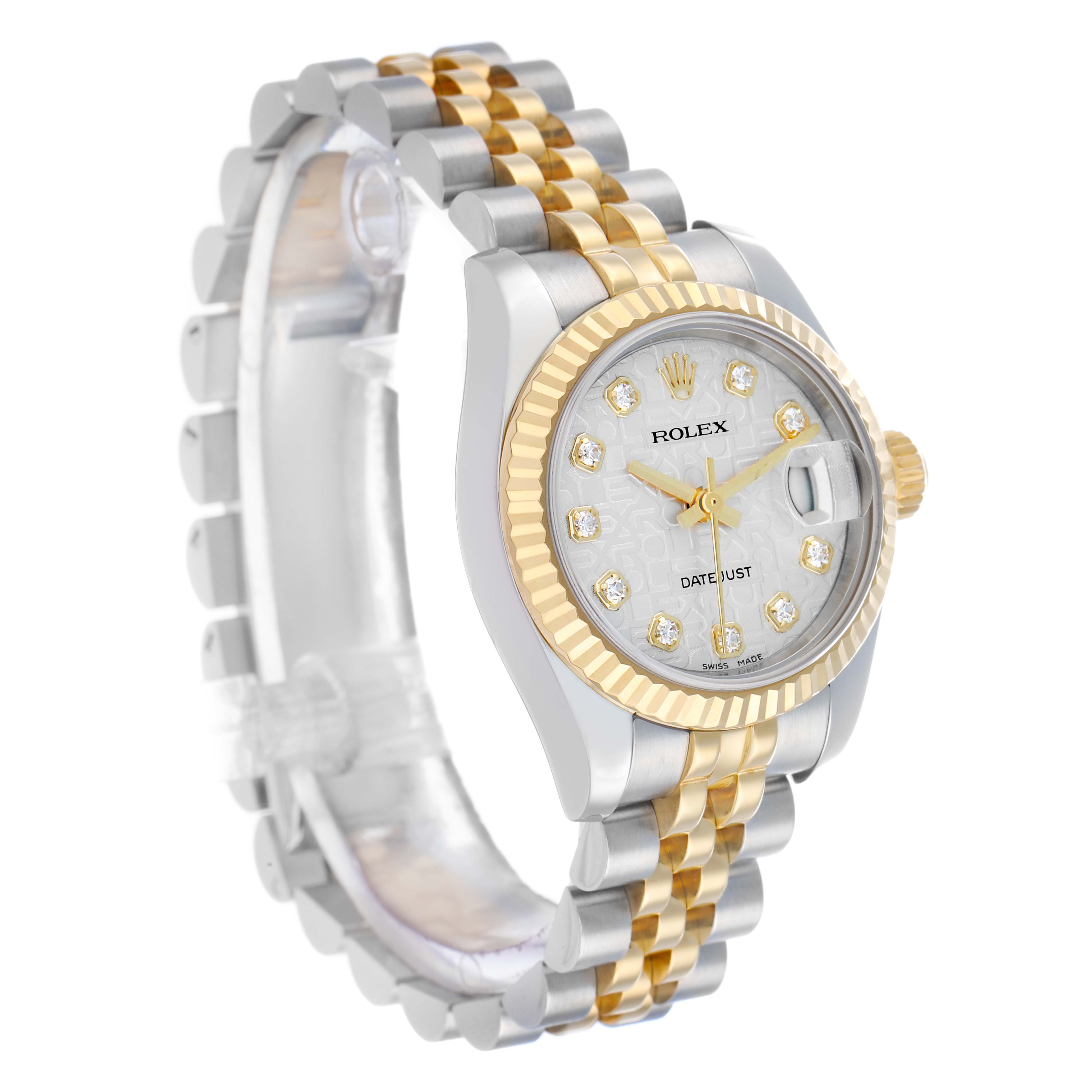 The Rolex Datejust 179173 Women's Steel and Gold (two tone) Silver Dial watch is shown at a three-quarter angle, highlighting its gold and silver bracelet, bezel, and detailed dial.