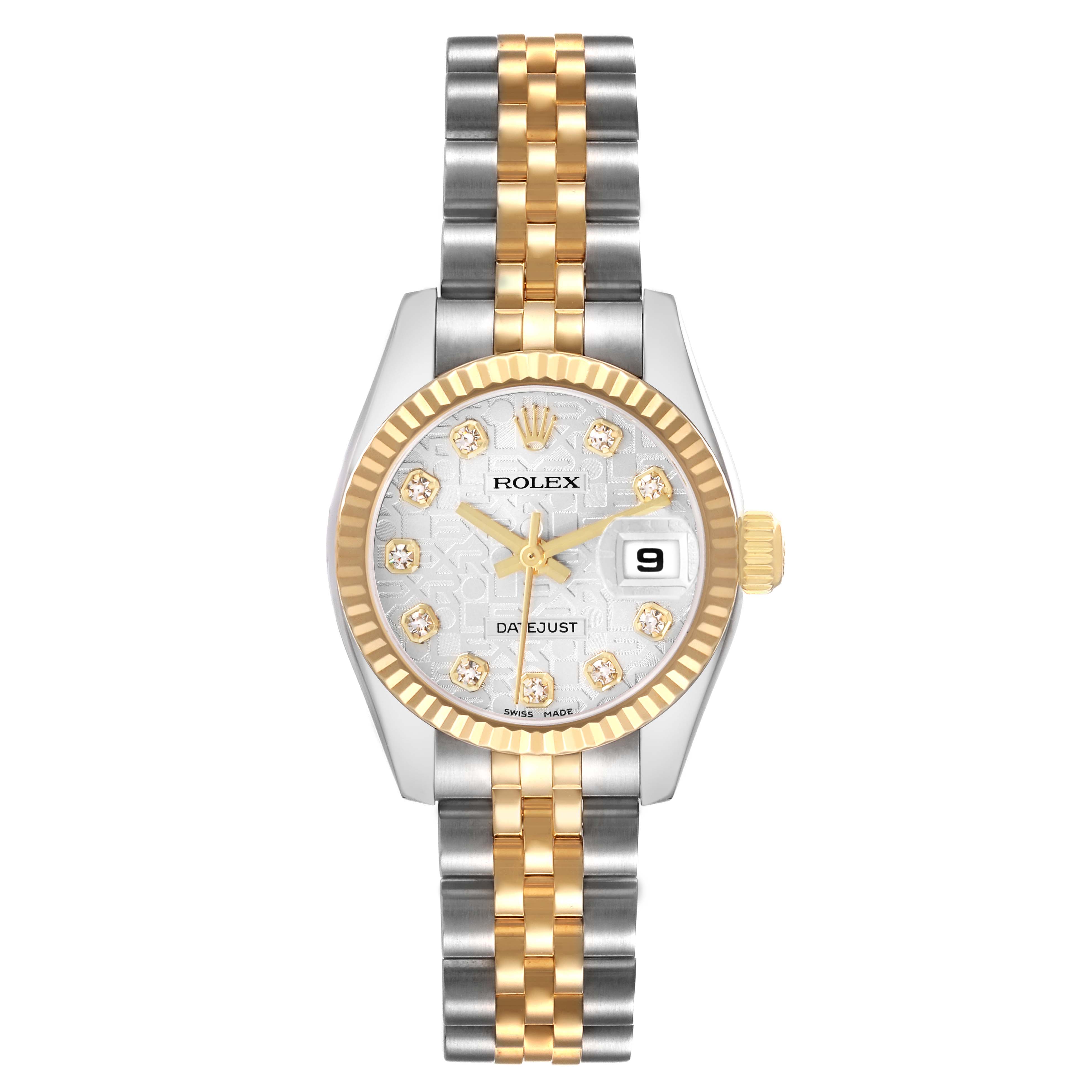 The Rolex Datejust 179173 Women's Steel and Gold (two tone) Silver Dial watch is shown from a top view, featuring the dial, bezel, and bracelet.