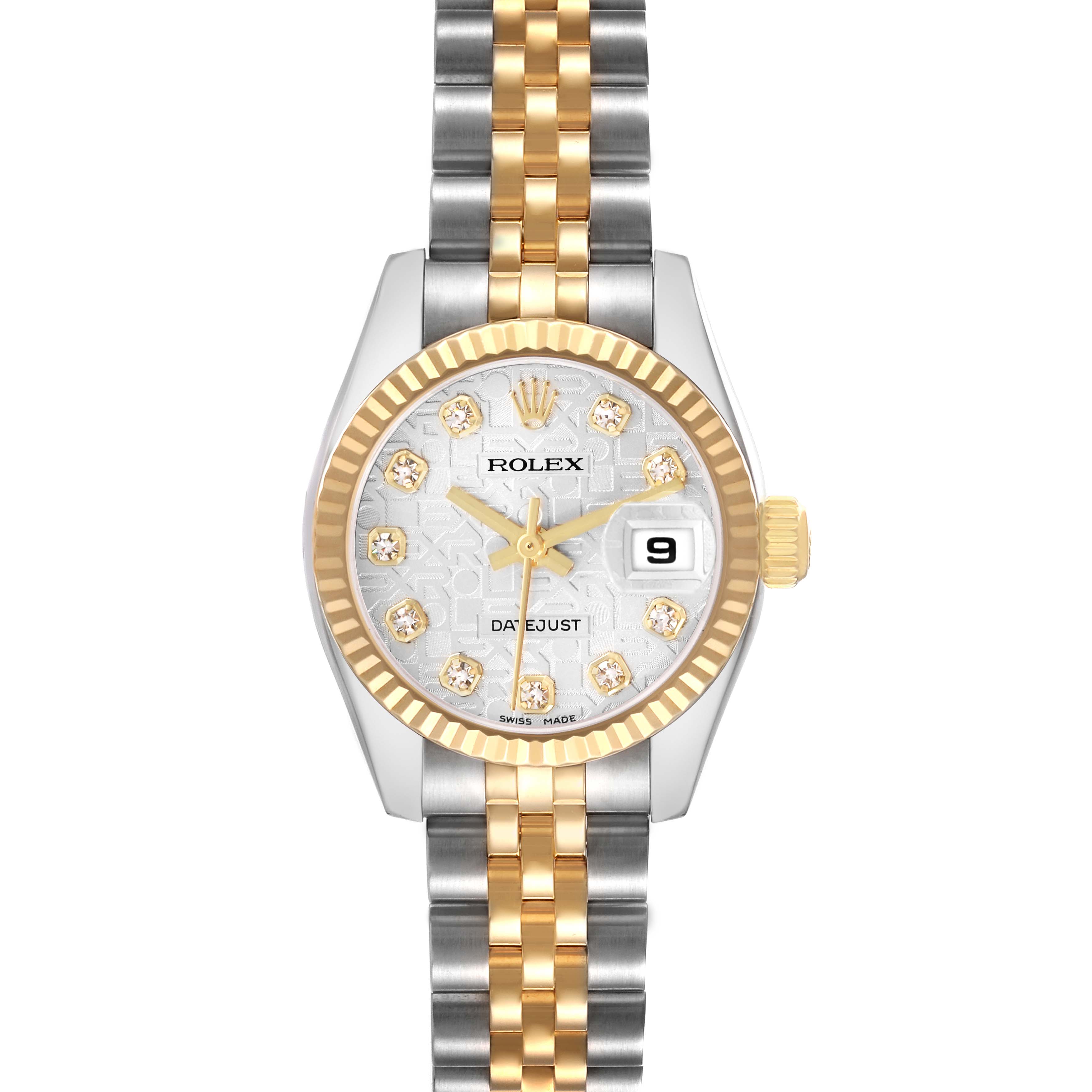 The Rolex Datejust 179173 Women's Steel and Gold (two tone) Silver Dial watch is shown from the front, highlighting its dial, bezel, and bracelet.
