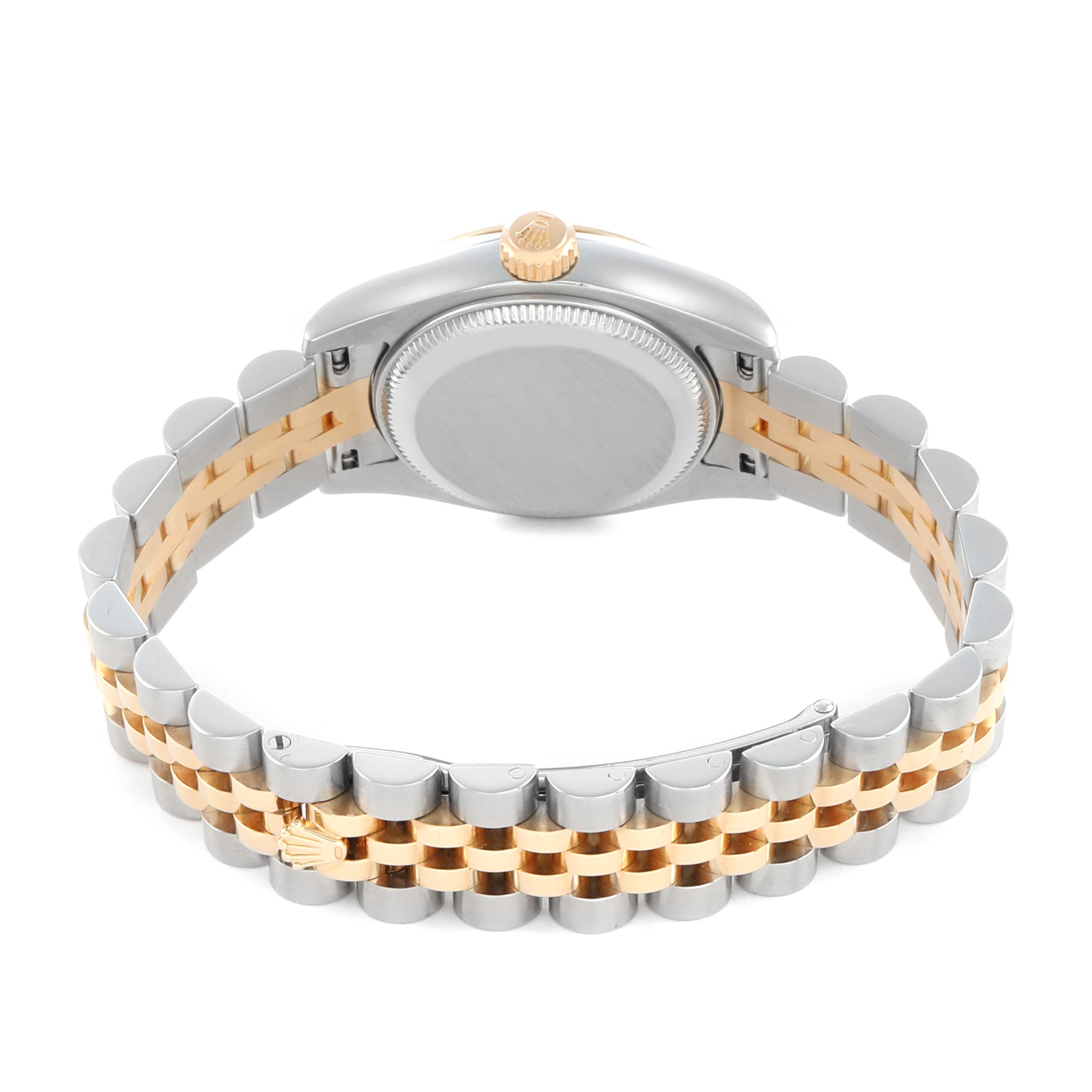 The image shows a Rolex Datejust 179173 Women's Steel and Gold (two tone) Silver Dial watch from the back, highlighting its two-tone bracelet and case back.