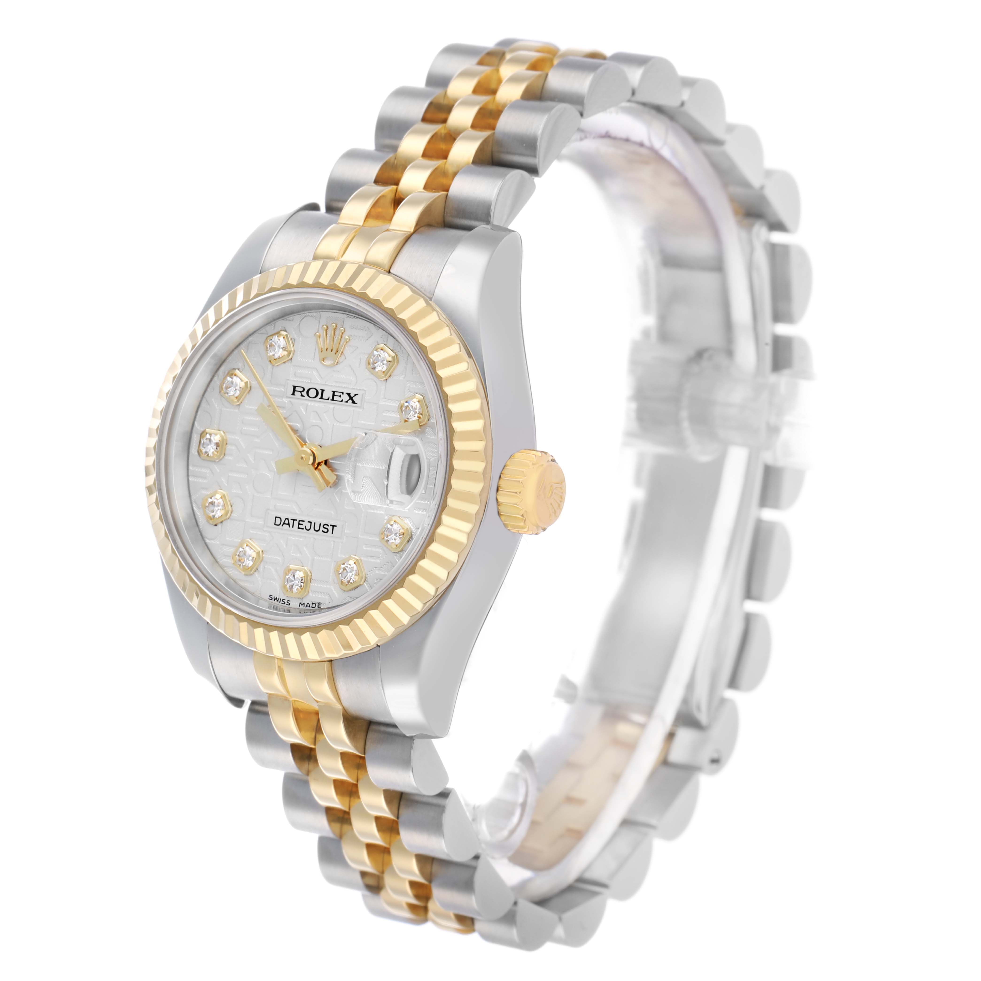 The Rolex Datejust 179173 Women's Steel and Gold (two tone) Silver Dial watch is shown at a three-quarter angle, highlighting the face, bezel, crown, and Jubilee bracelet.