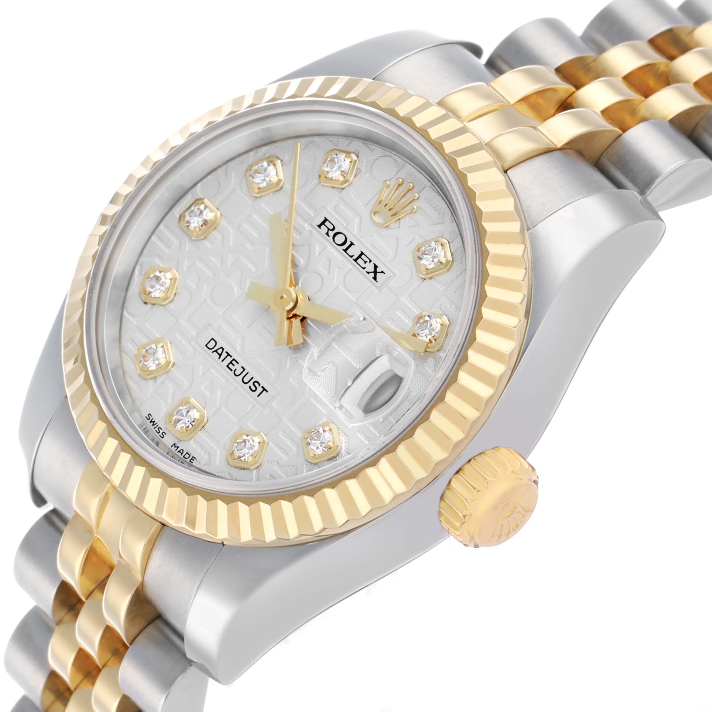 The Rolex Datejust 179173 Women's Steel and Gold (two tone) Silver Dial is shown at an angled close-up, highlighting the diamond markers, two-tone bezel, and jubilee bracelet.