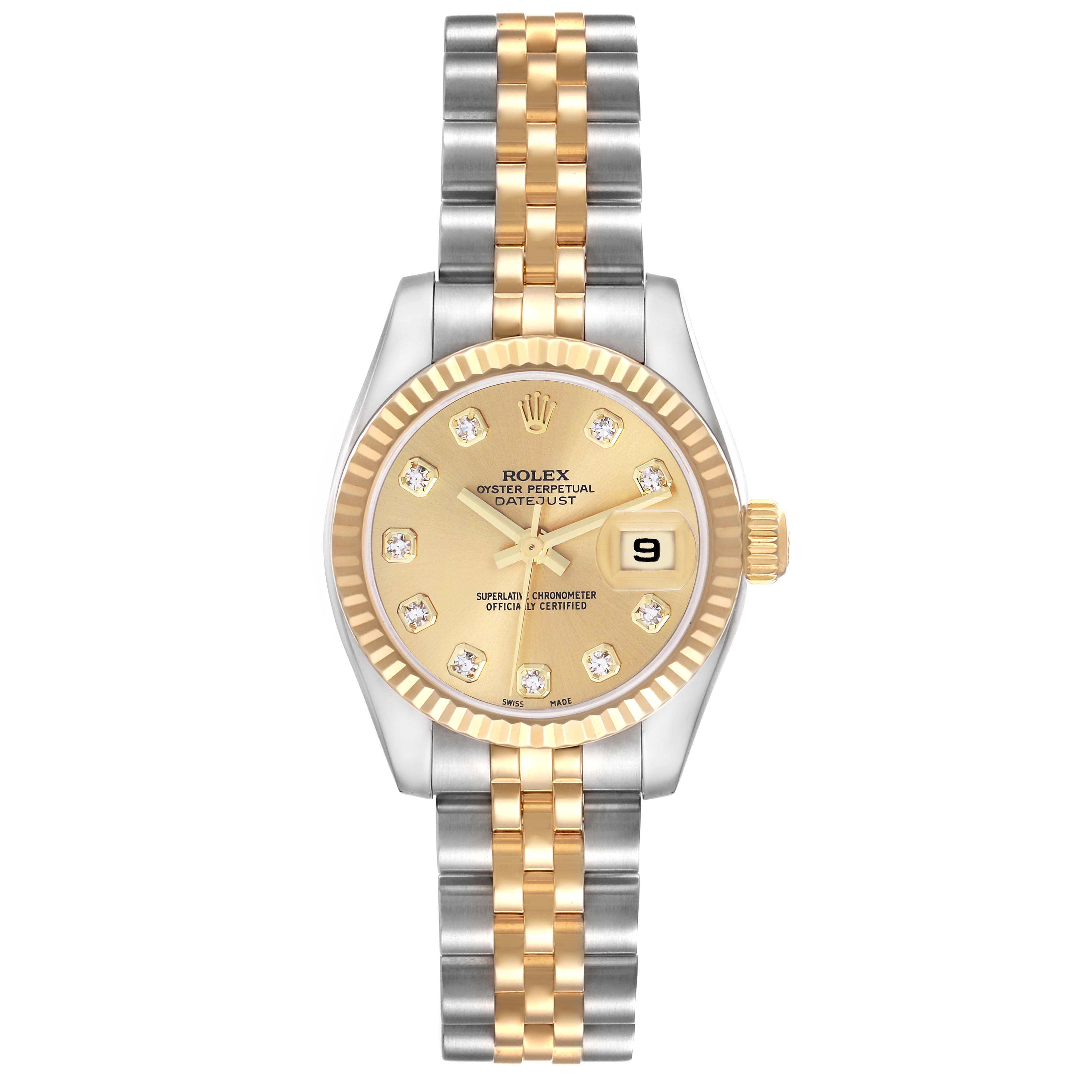 The image shows a Rolex Datejust 179173 Women's Yellow Gold Champagne Dial watch from a front angle, highlighting the face, bezel, and two-tone bracelet.