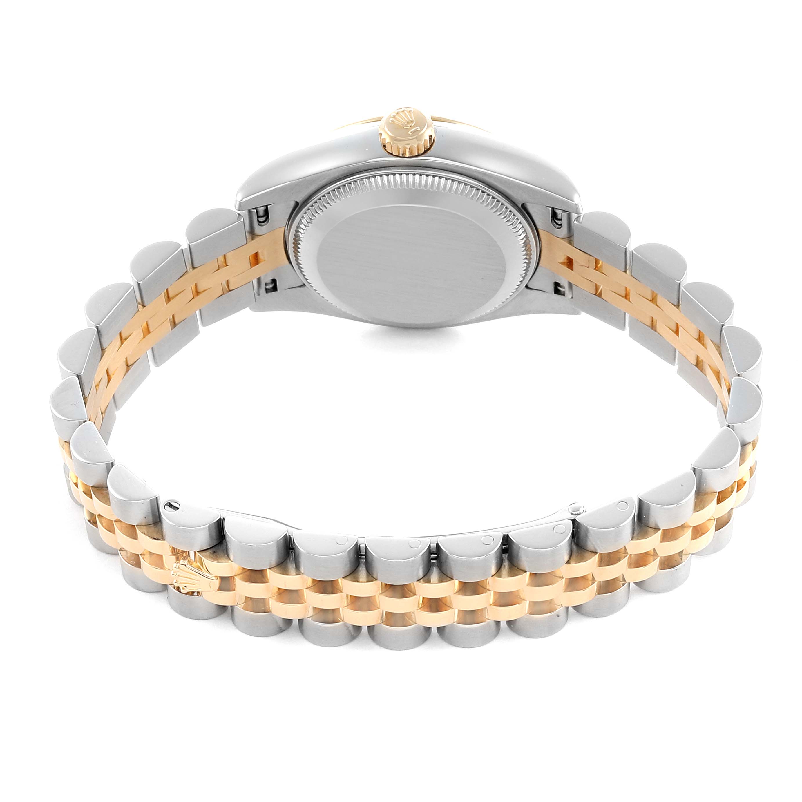 The image shows the back and side of a Rolex Datejust 179173 Women's Yellow Gold Champagne Dial watch, highlighting the case, crown, and two-tone bracelet.