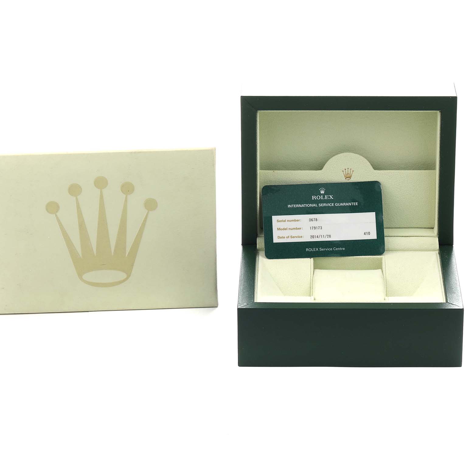 The image shows a Rolex Datejust 179173 Women's Yellow Gold Champagne Dial watch box, open with a service guarantee card, next to its outer packaging.