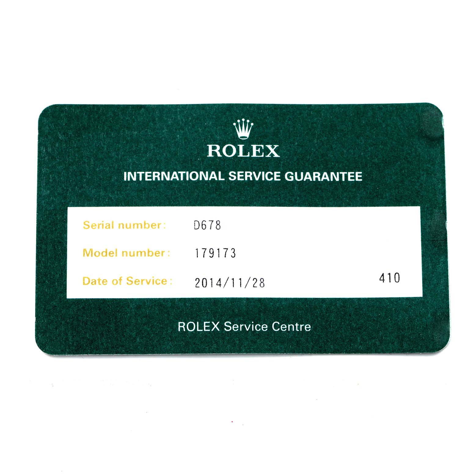 The image features a Rolex International Service Guarantee card for a Datejust model, showing serial and model numbers.