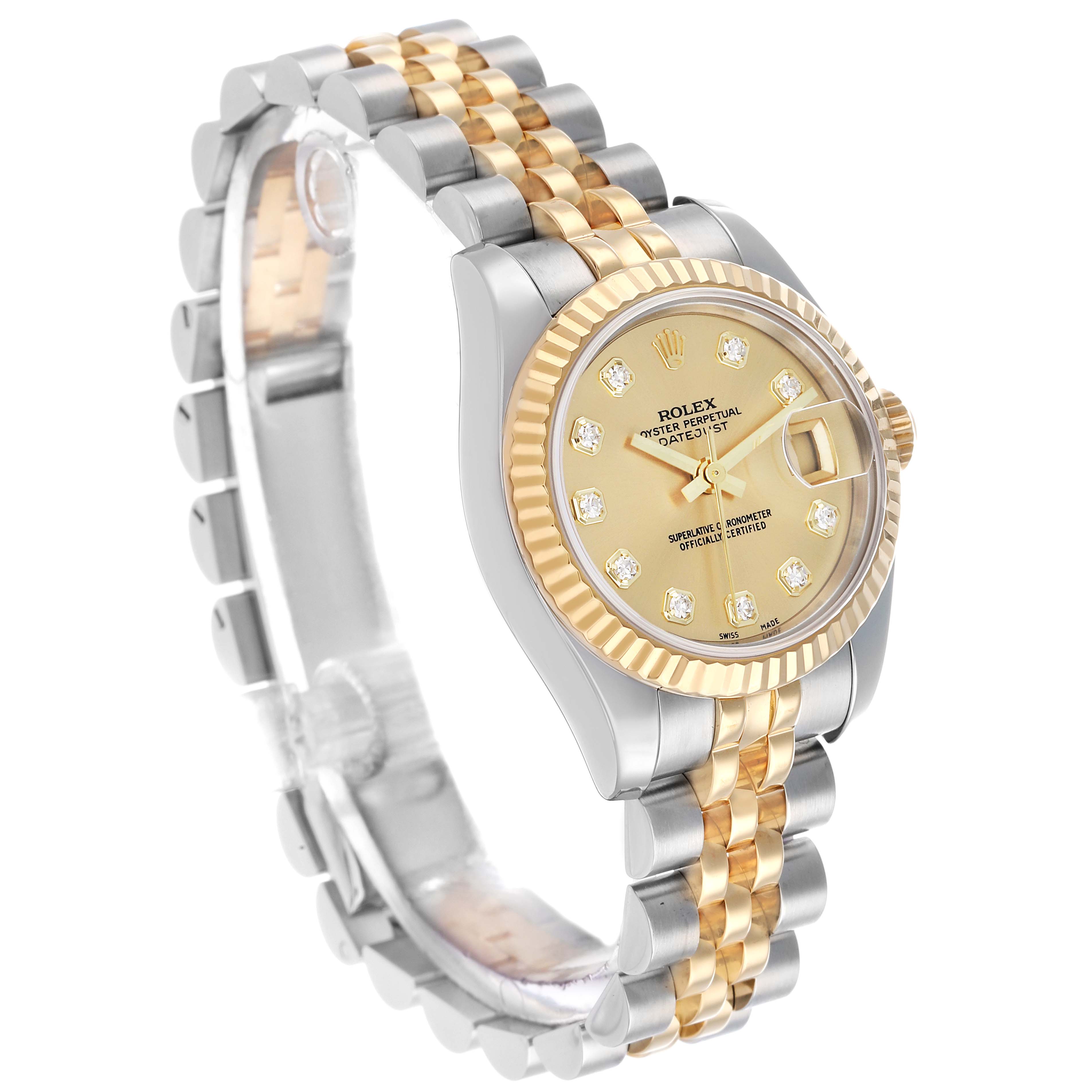 The Rolex Datejust 179173 Women's Yellow Gold Champagne Dial watch is shown at a three-quarter angle, highlighting the gold and silver bracelet and fluted bezel.