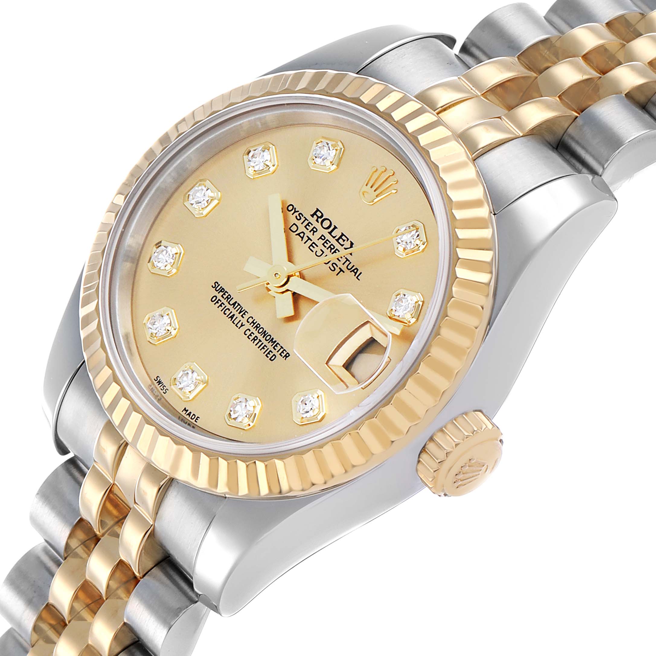 The image shows a Rolex Datejust 179173 Women's Yellow Gold Champagne Dial watch from an angled top view, highlighting the dial, bezel, crown, and part of the bracelet.