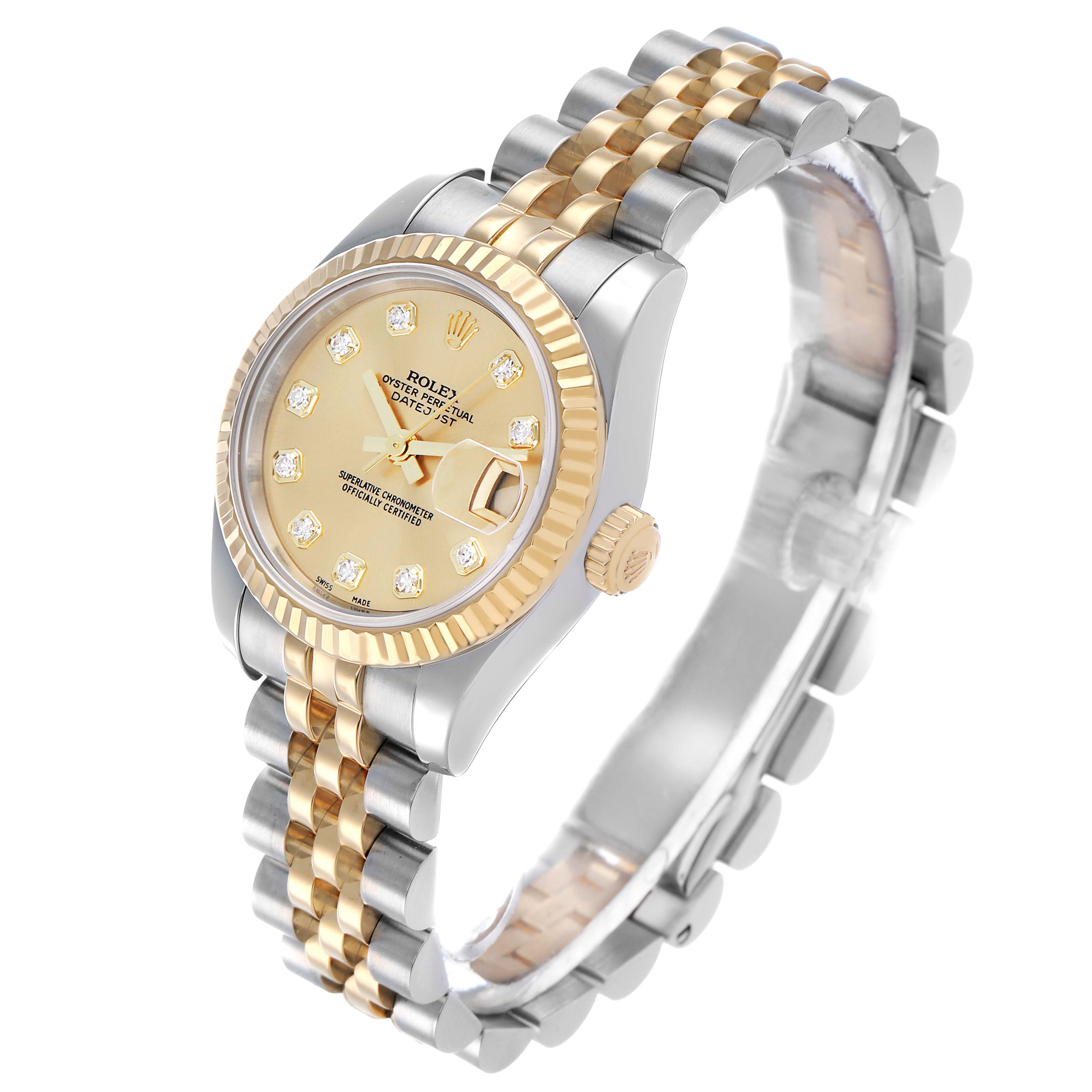 The Rolex Datejust 179173 Women's Yellow Gold Champagne Dial watch is shown at a slight angle, highlighting the dial, bezel, crown, and bracelet.