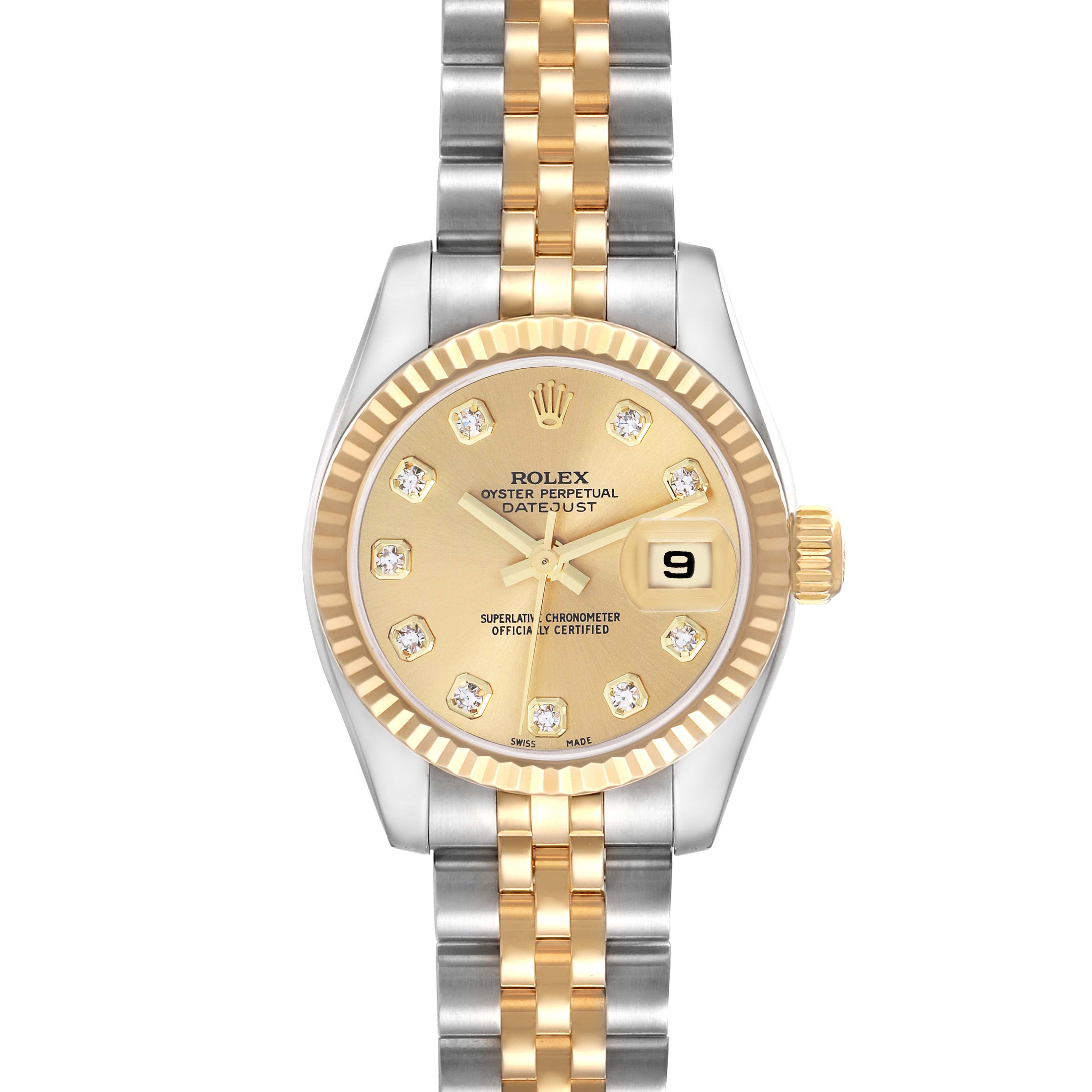 The Rolex Datejust 179173 Women's Yellow Gold Champagne Dial watch is shown front-facing, highlighting its champagne dial, diamond markers, and two-tone bracelet.
