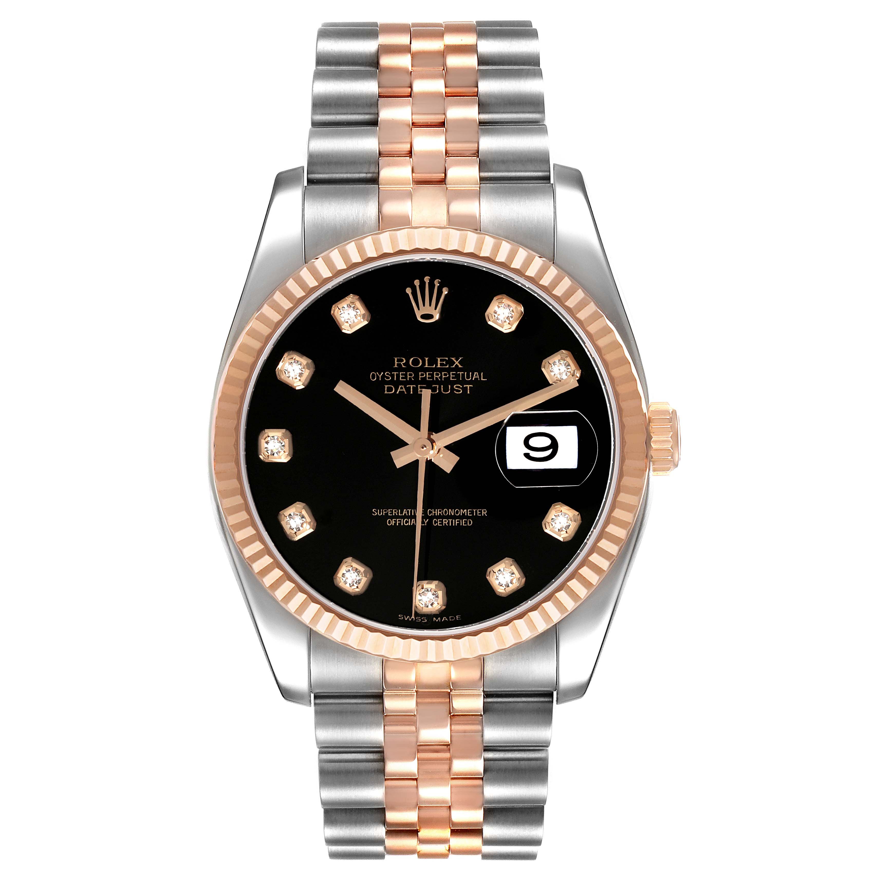 The Rolex Datejust 116231 Men's Steel and Gold (two tone) Black Dial 116231 Men's Steel and Gold (two tone) Black Dial watch is shown from a front angle, highlighting its black dial, diamond hour markers, and two-tone bracelet.