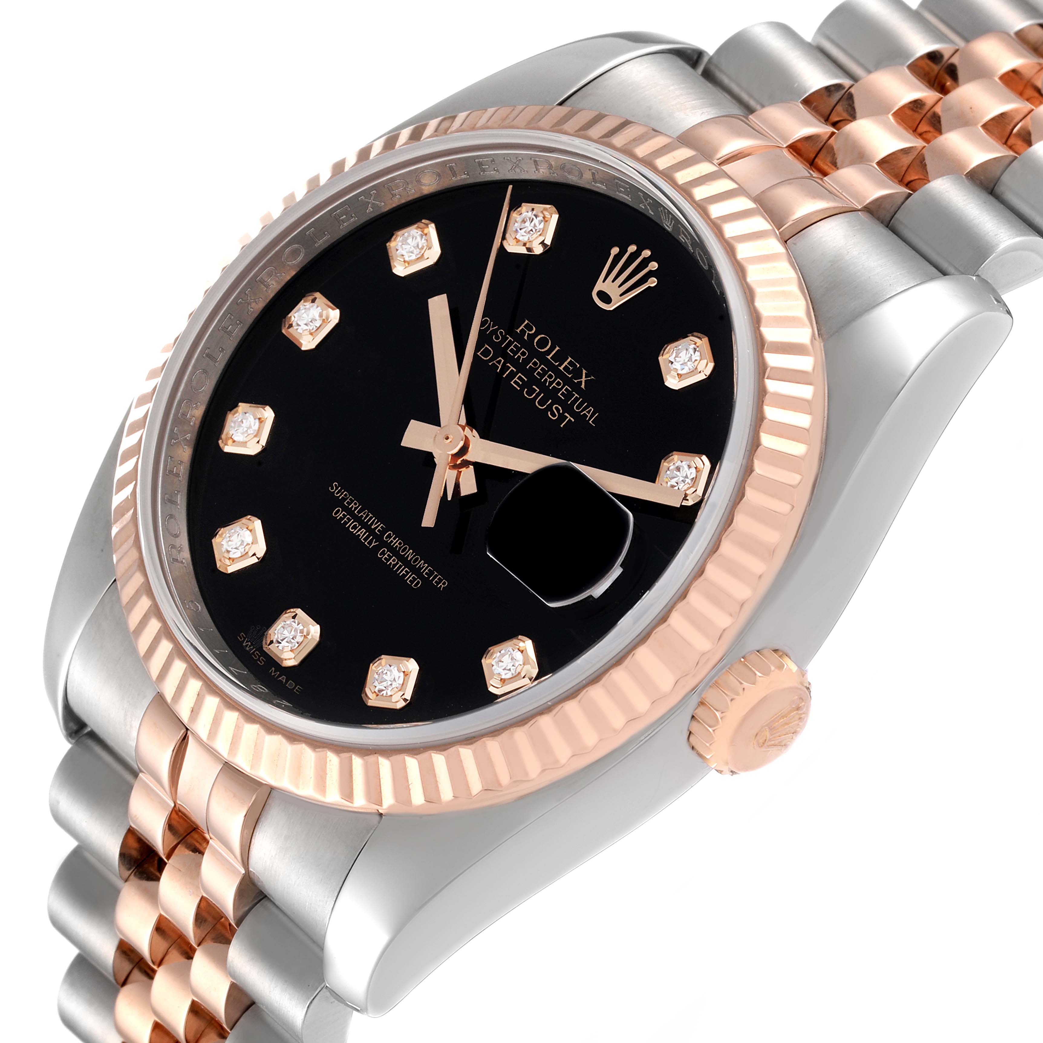 This image shows a Rolex Datejust 116231 Men's Steel and Gold (two tone) Black Dial 116231 Men's Steel and Gold (two tone) Black Dial watch at an oblique angle, featuring the dial, bezel, crown, and part of the bracelet.