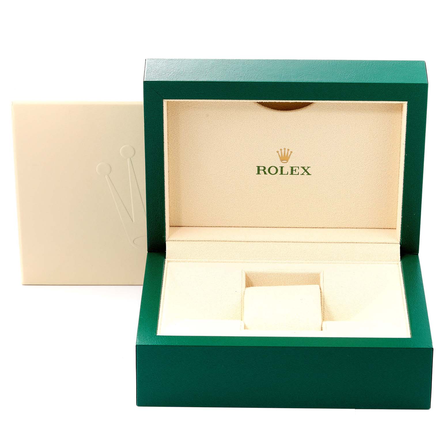 This image shows an open green and beige Rolex box for the Datejust model, displaying the inner packaging and cushion.