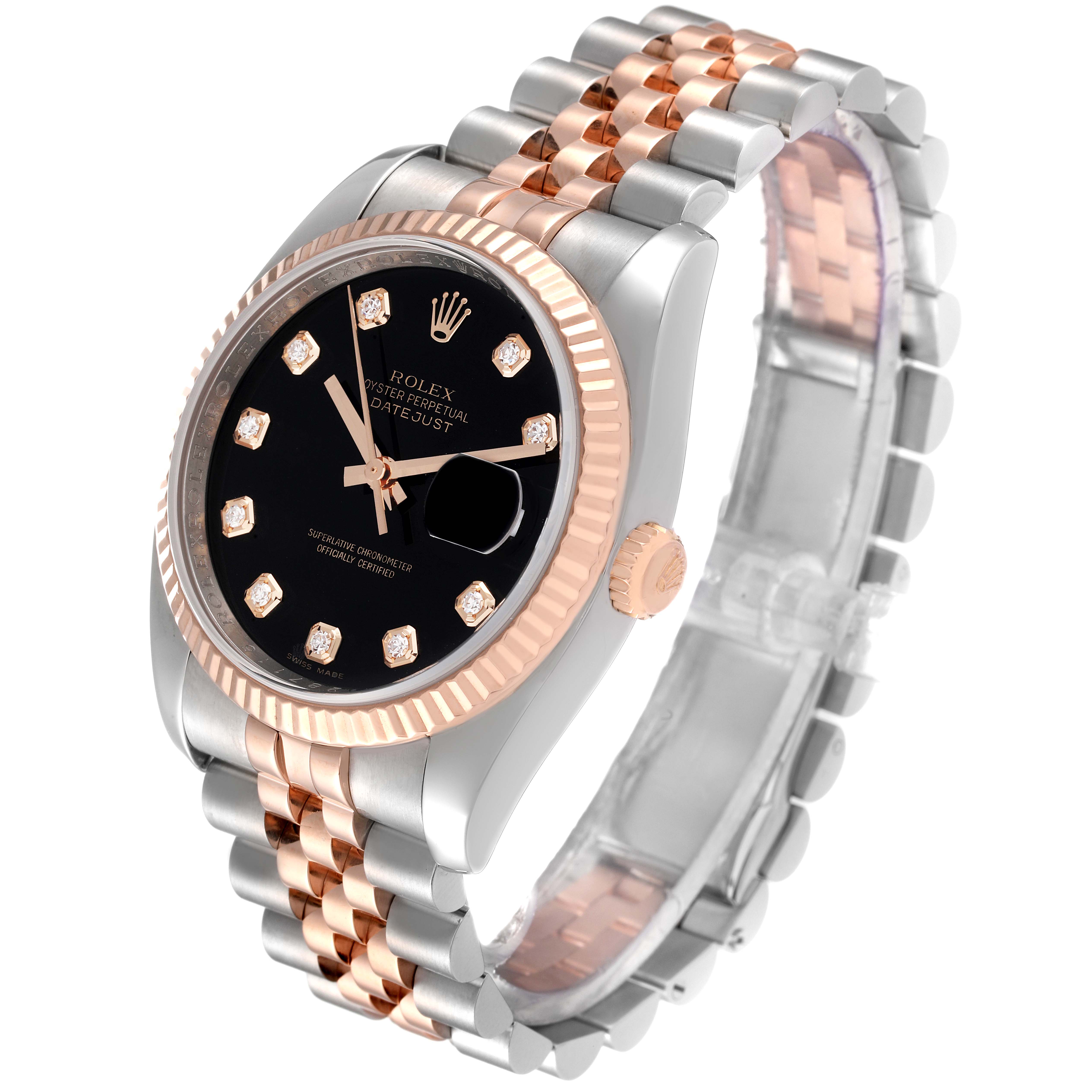 This image shows a Rolex Datejust 116231 Men's Steel and Gold (two tone) Black Dial 116231 Men's Steel and Gold (two tone) Black Dial watch at a three-quarter angle, highlighting its black dial, two-tone band, and fluted bezel.