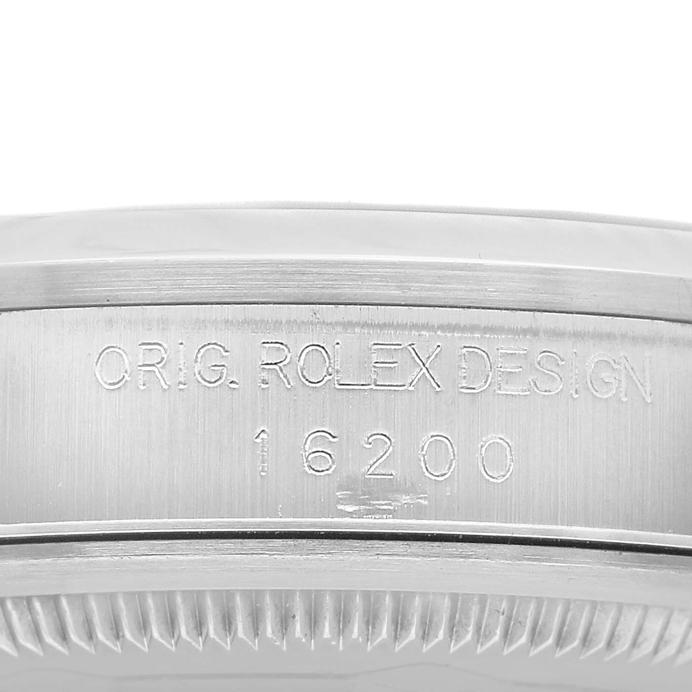The image shows a close-up of the side of the Rolex Datejust 16200 Mens Stainless Steel Silver Dial watch, highlighting the engraving on the case side.