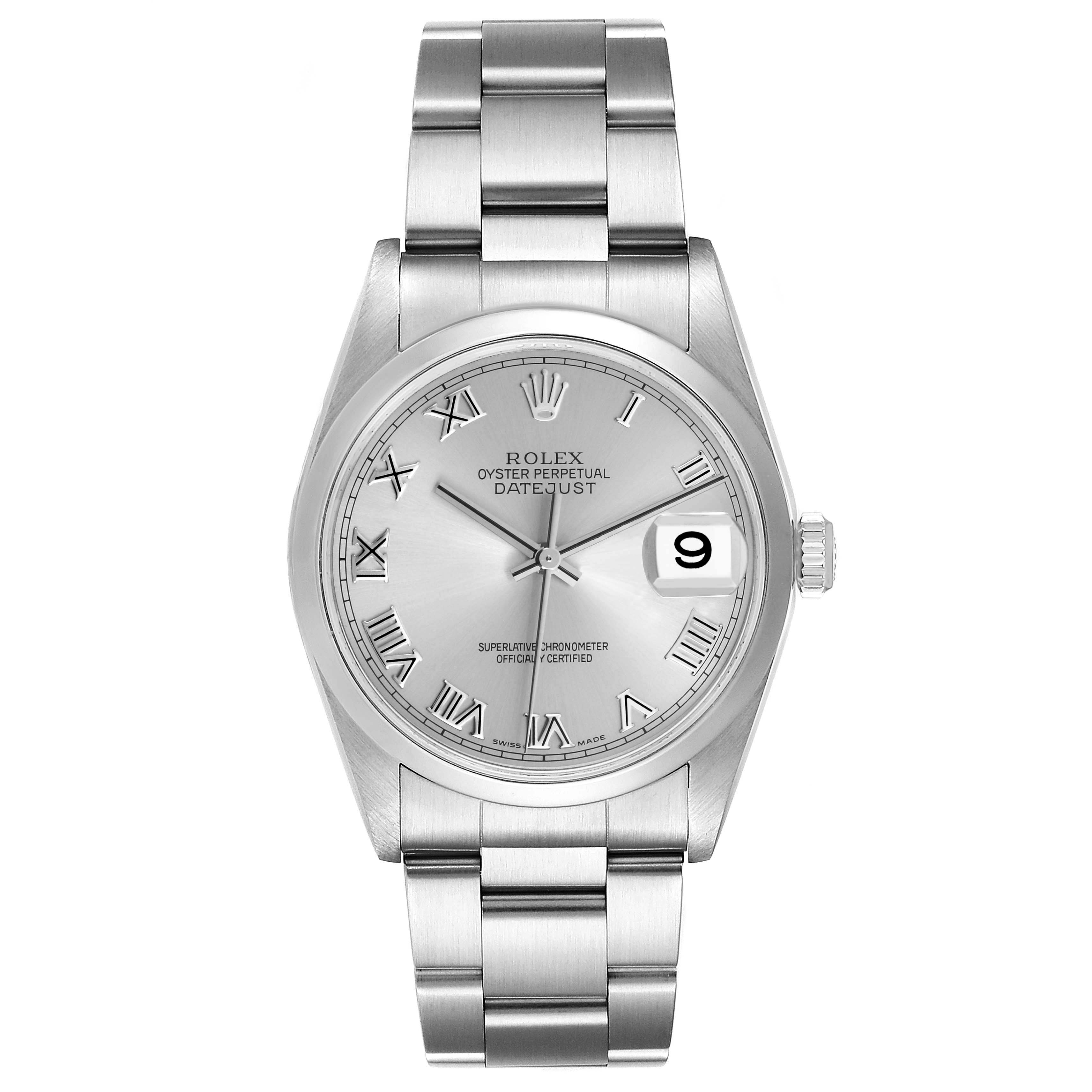 The Rolex Datejust 16200 Mens Stainless Steel Silver Dial watch is shown from a front view, highlighting its dial, bracelet, and date window.