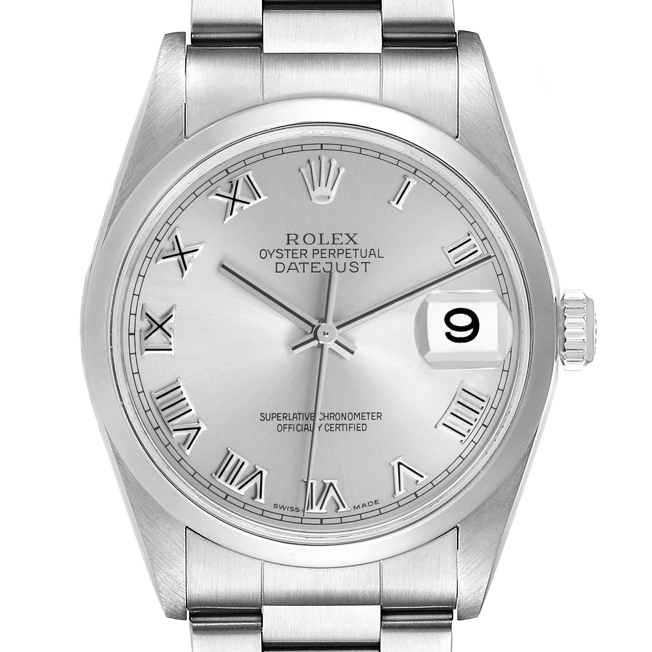 The image shows a Rolex Datejust 16200 Mens Stainless Steel Silver Dial watch from a top-down angle, highlighting the face, Roman numerals, bezel, crown, and bracelet.