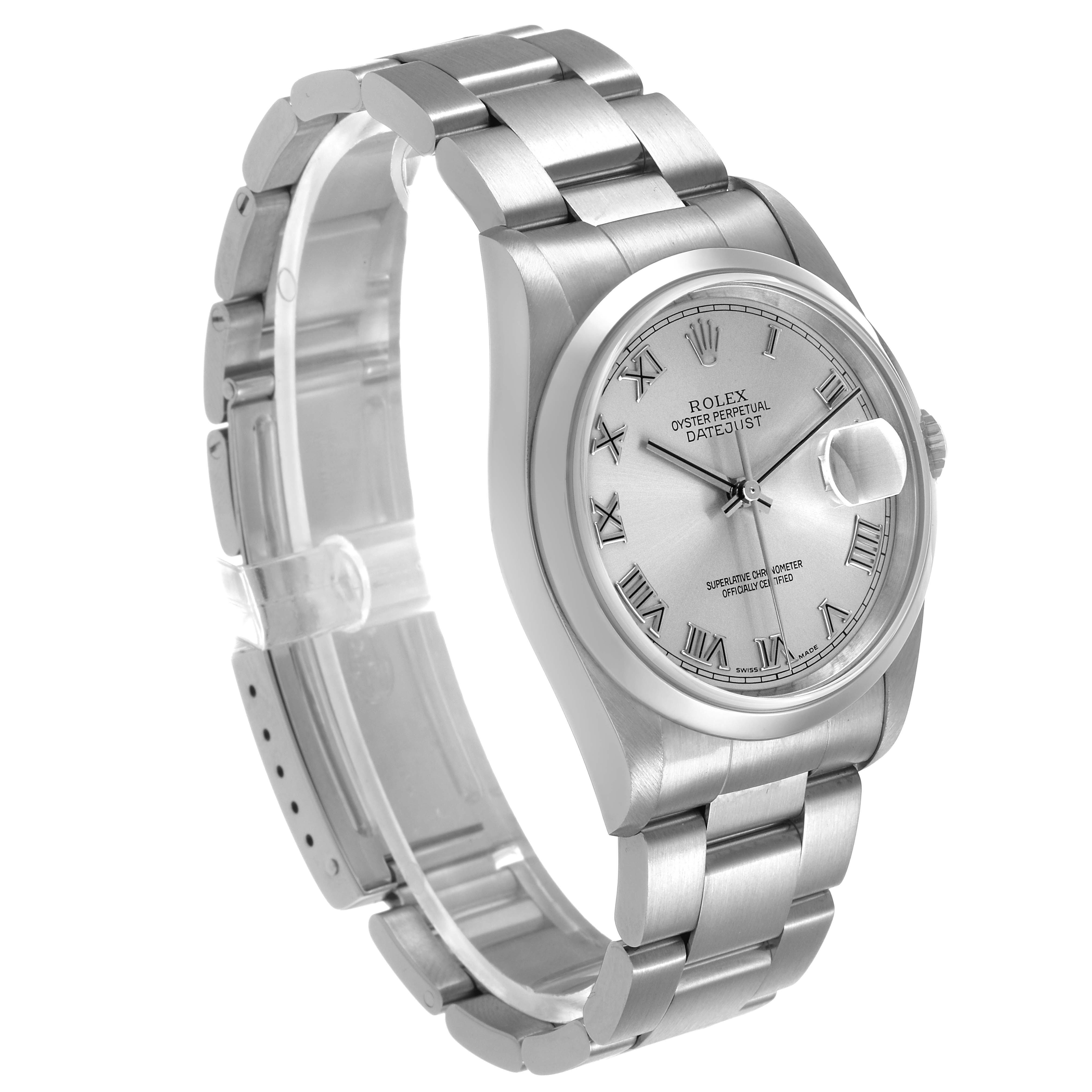 The Rolex Datejust 16200 Mens Stainless Steel Silver Dial watch is shown at a three-quarter angle, highlighting the face, case, bracelet, and clasp.