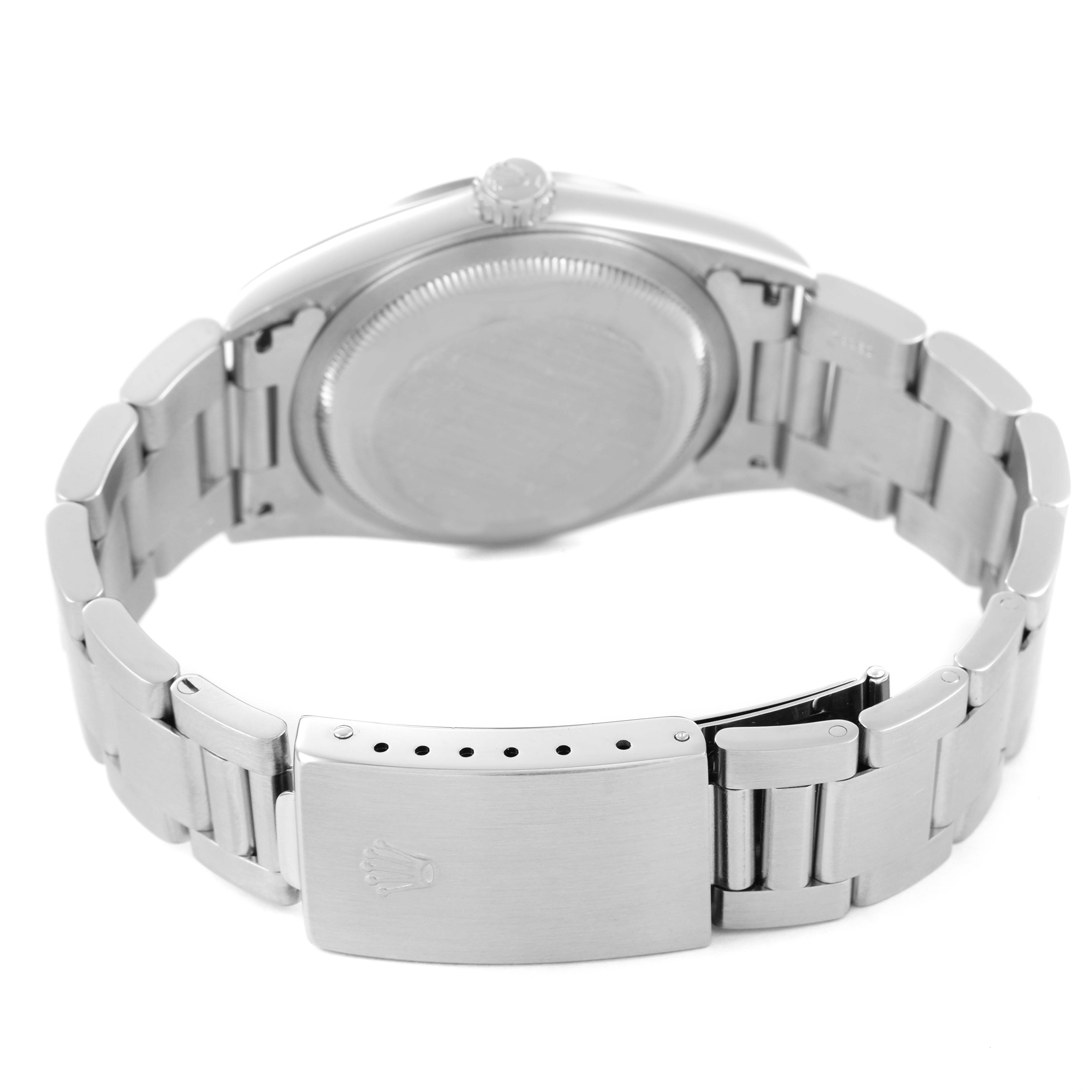 The image shows the back view of a Rolex Datejust 16200 Mens Stainless Steel Silver Dial watch, highlighting the clasp, bracelet, and case back.