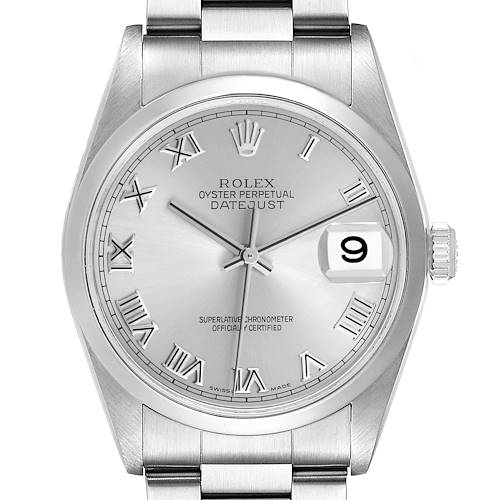 The Rolex Datejust 16200 Men's Stainless Steel Silver Dial watch is shown from a front angle, highlighting the dial, roman numerals, cyclops lens, and crown.