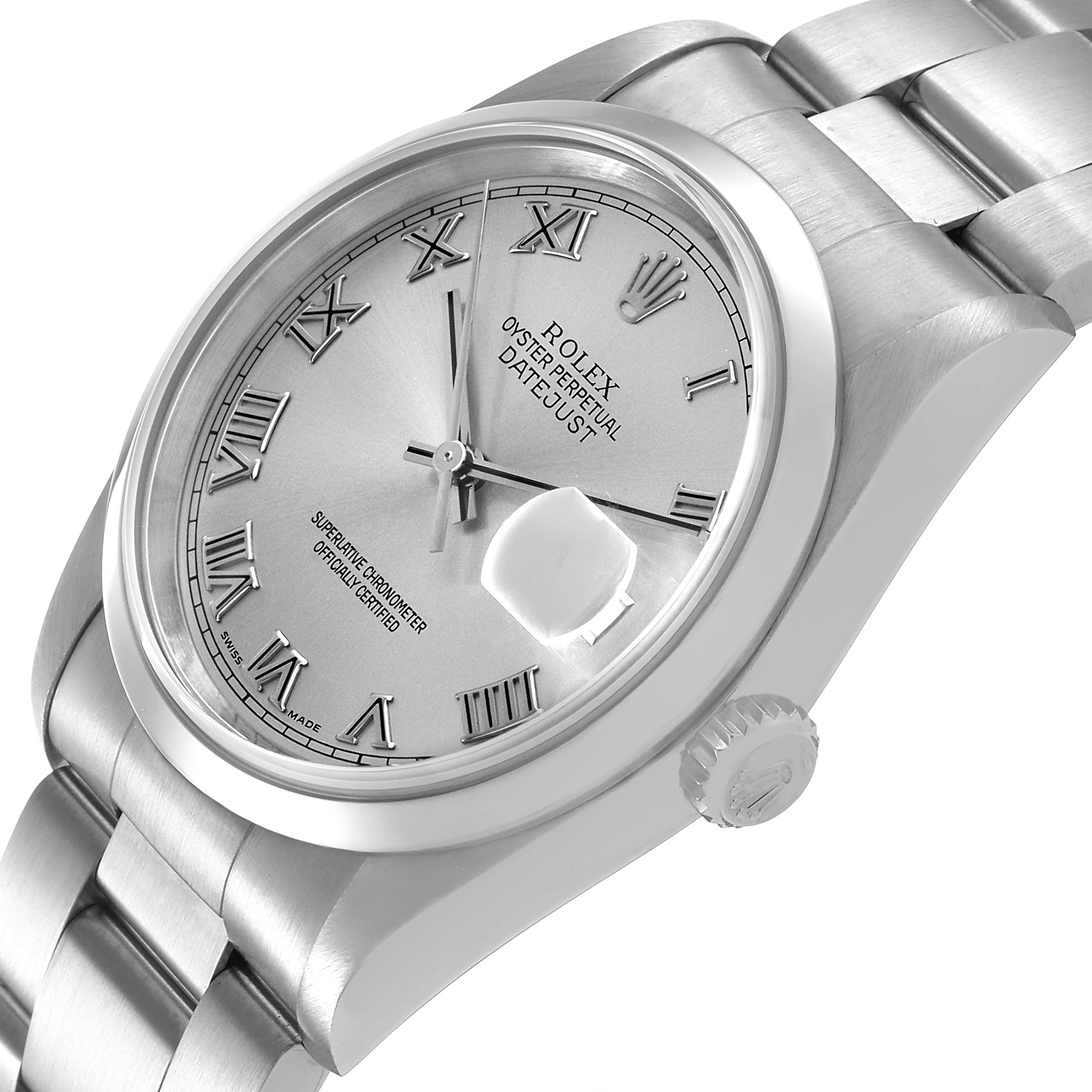 The Rolex Datejust 16200 Mens Stainless Steel Silver Dial watch is shown at a slight angle, featuring the dial, case, and part of the bracelet.
