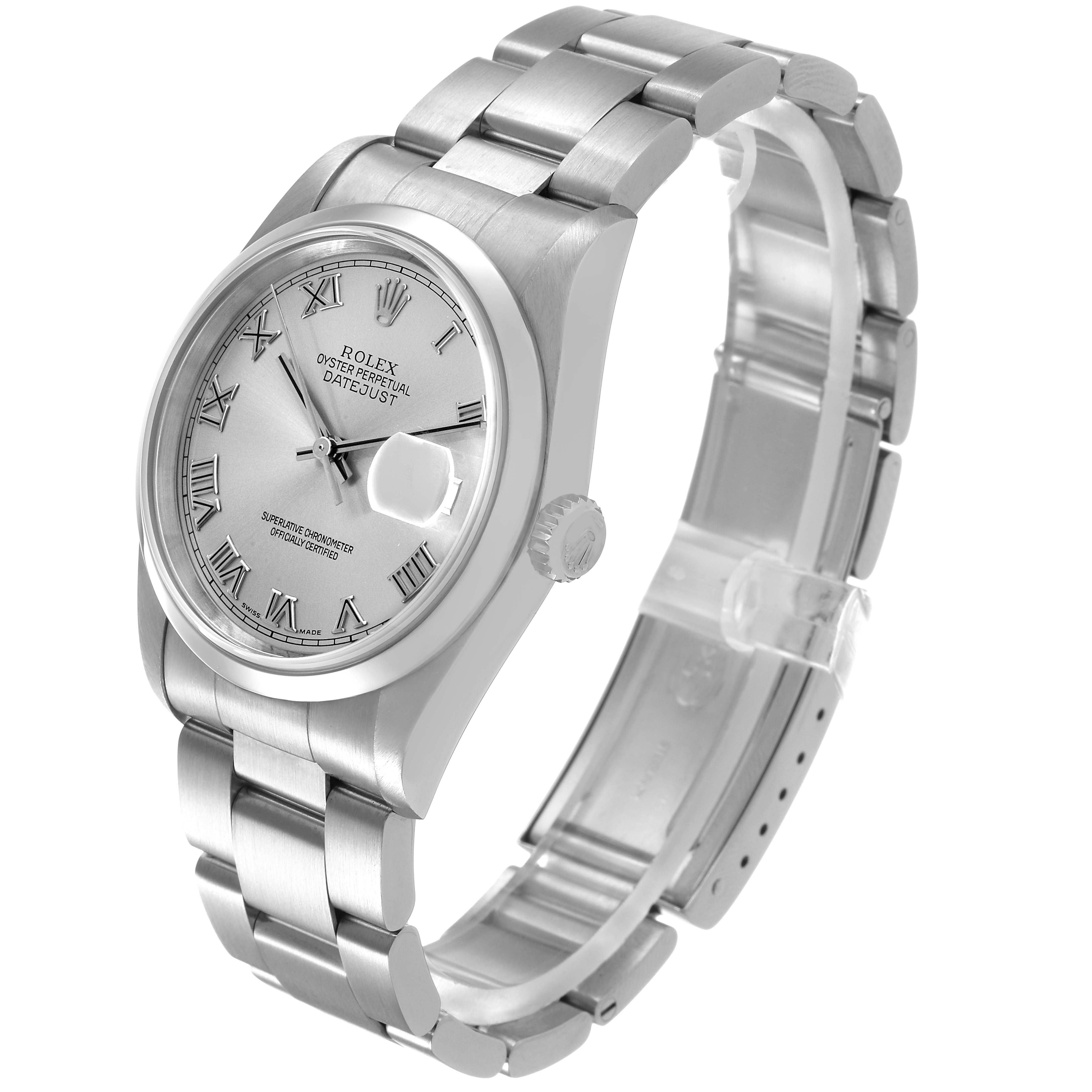 The Rolex Datejust 16200 Mens Stainless Steel Silver Dial watch is shown at a three-quarter angle, highlighting the dial, side, and bracelet.